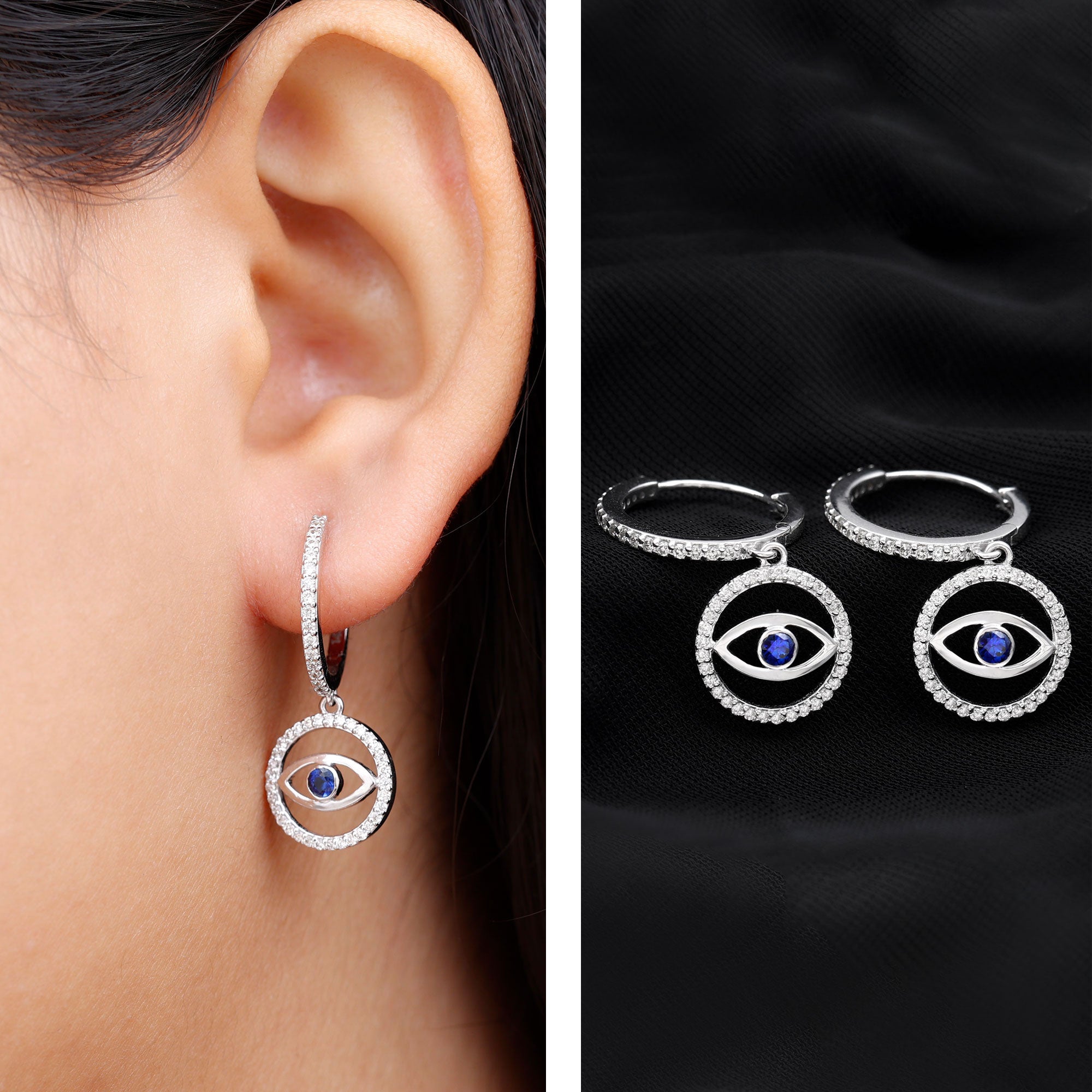 Real Blue Sapphire and Diamond Evil Eye Hoop Drop Earrings AAA - Rosec Jewels