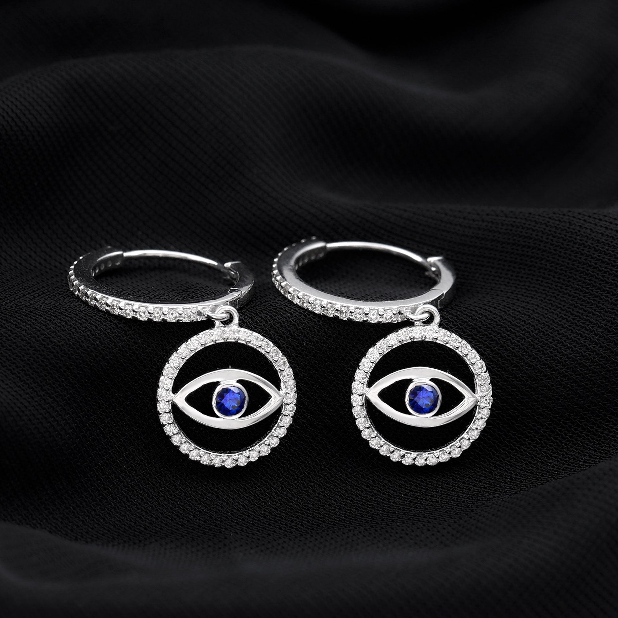 Real Blue Sapphire and Diamond Evil Eye Hoop Drop Earrings AAA - Rosec Jewels