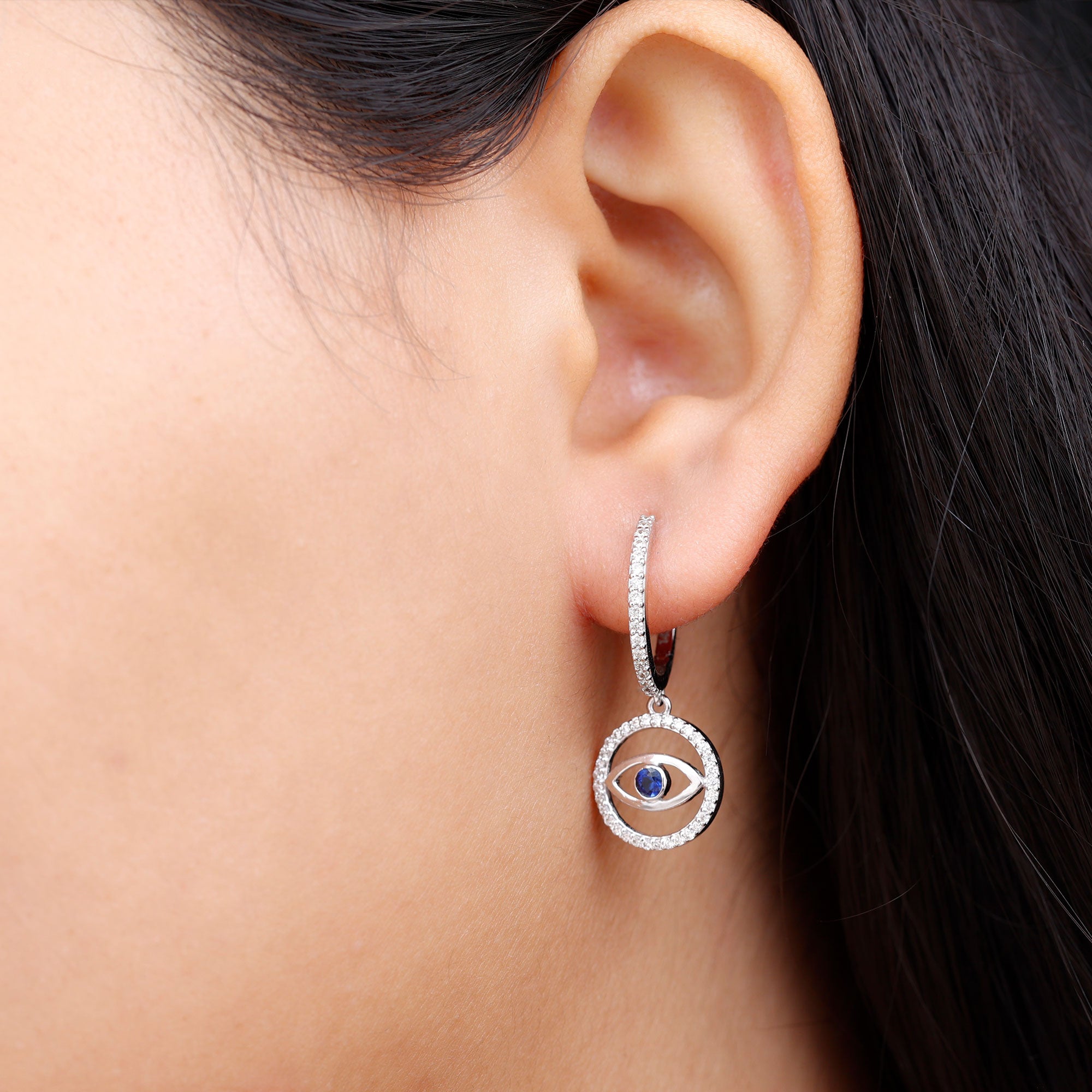 Real Blue Sapphire and Diamond Evil Eye Hoop Drop Earrings AAA - Rosec Jewels