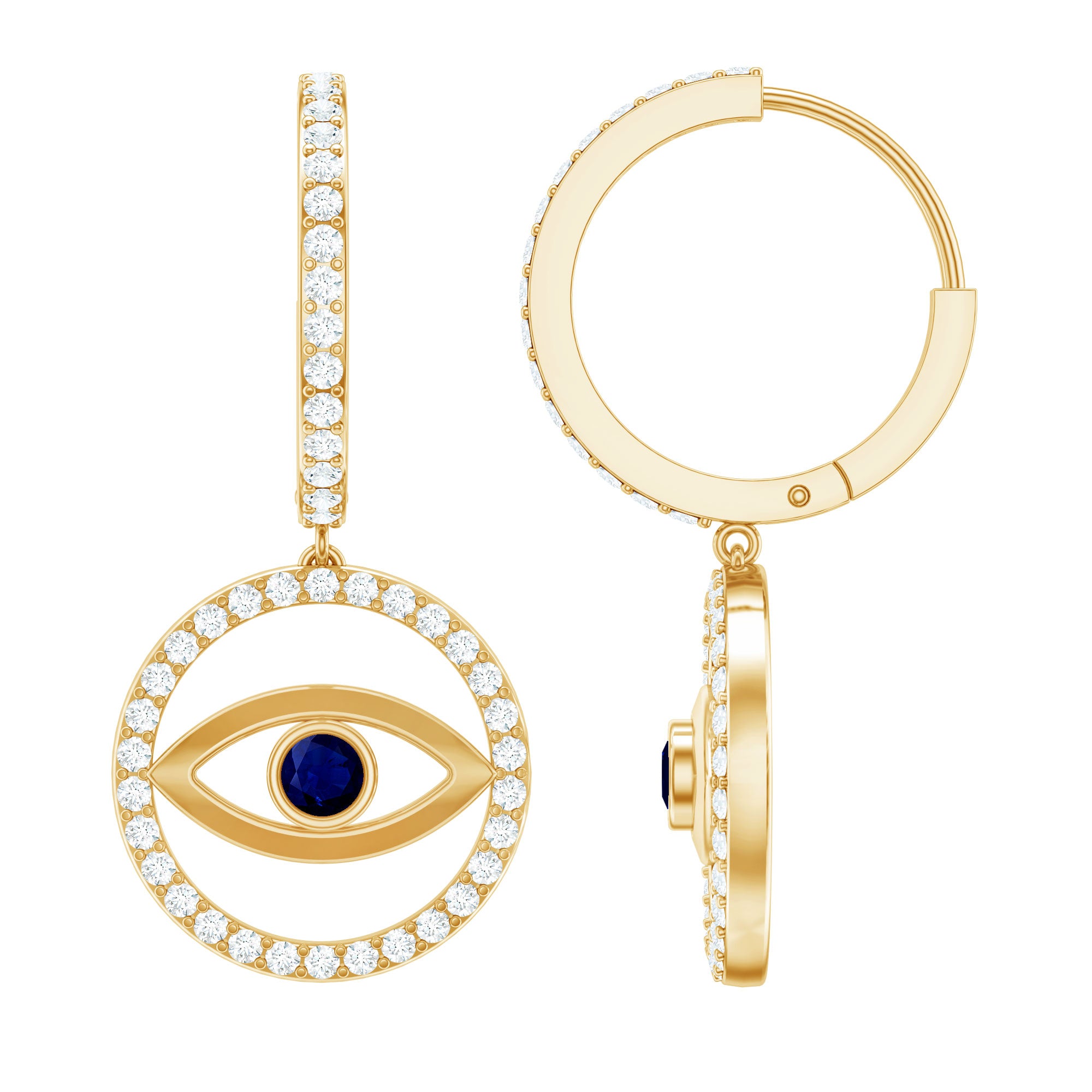 Real Blue Sapphire and Diamond Evil Eye Hoop Drop Earrings AAA - Rosec Jewels
