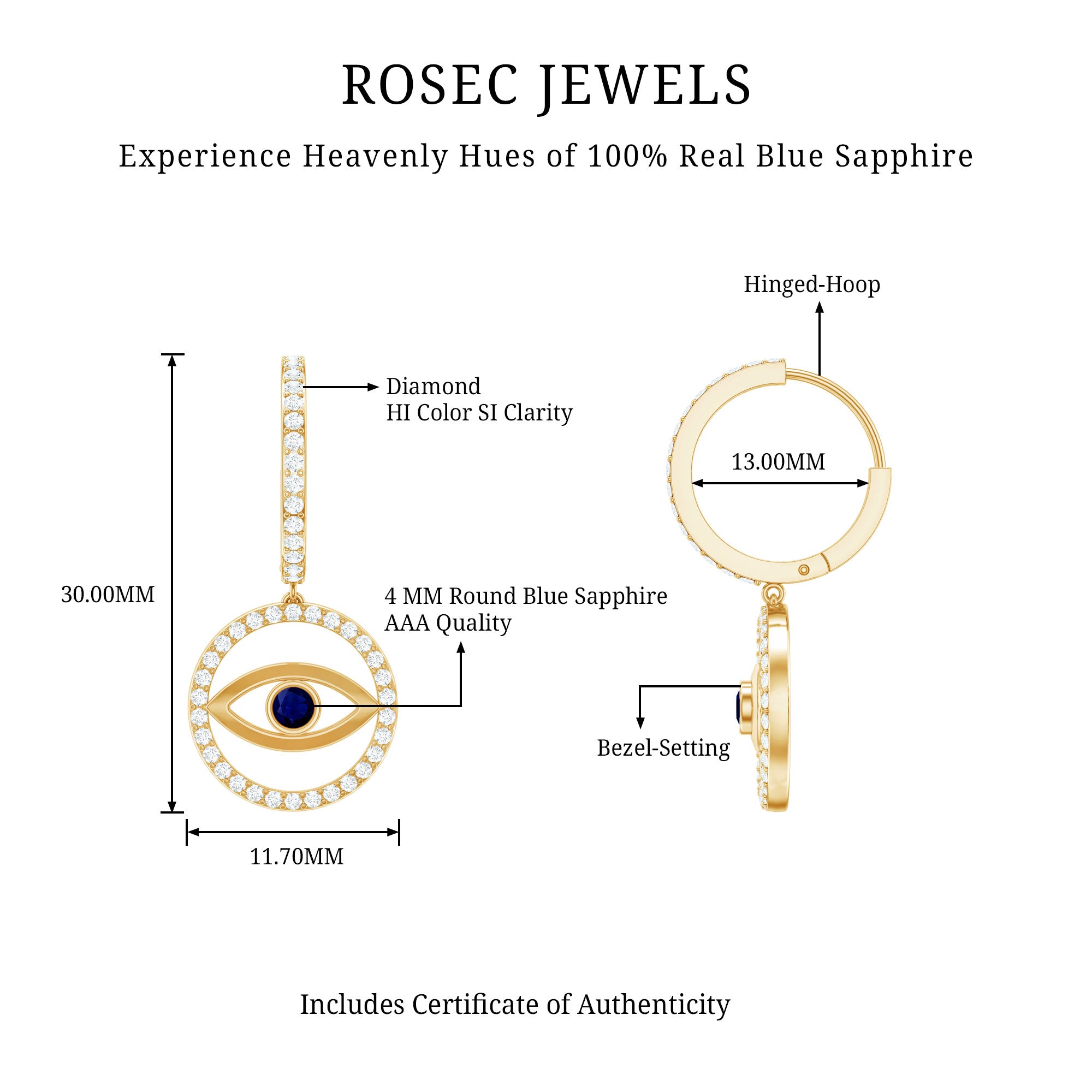 Real Blue Sapphire and Diamond Evil Eye Hoop Drop Earrings AAA - Rosec Jewels