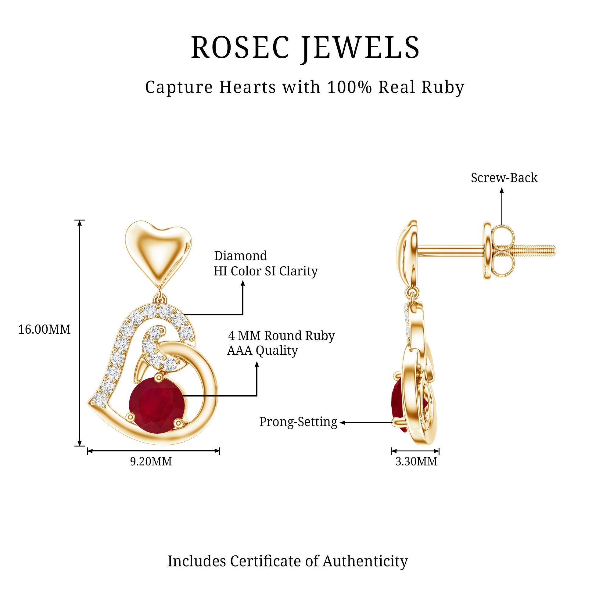 Round Ruby Heart Drop Earring with Diamond Accent AAA - Rosec Jewels