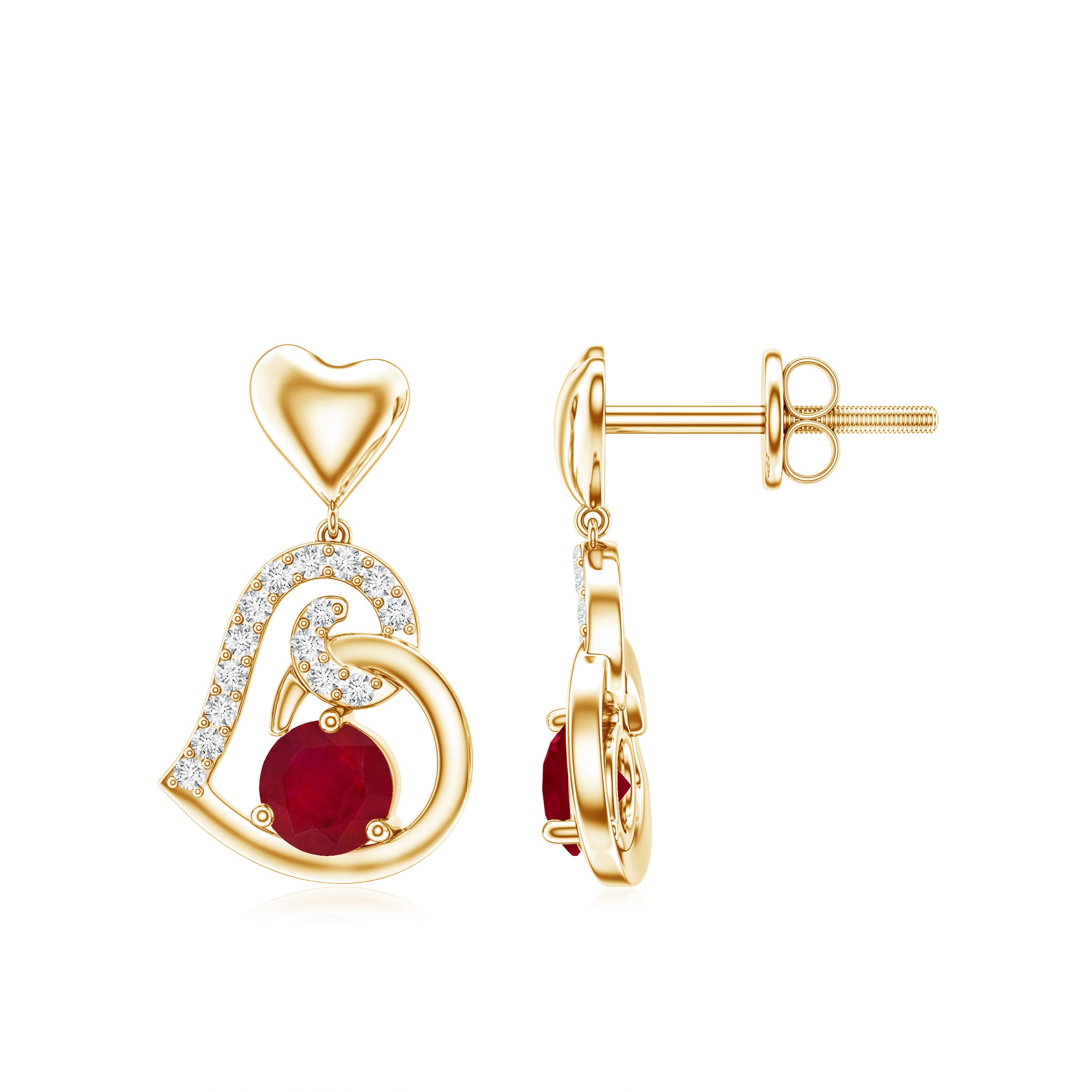 Round Ruby Heart Drop Earring with Diamond Accent AAA - Rosec Jewels