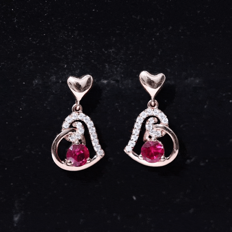 Lab Created Ruby and Diamond Heart Drop Earrings AAAA - Rosec Jewels