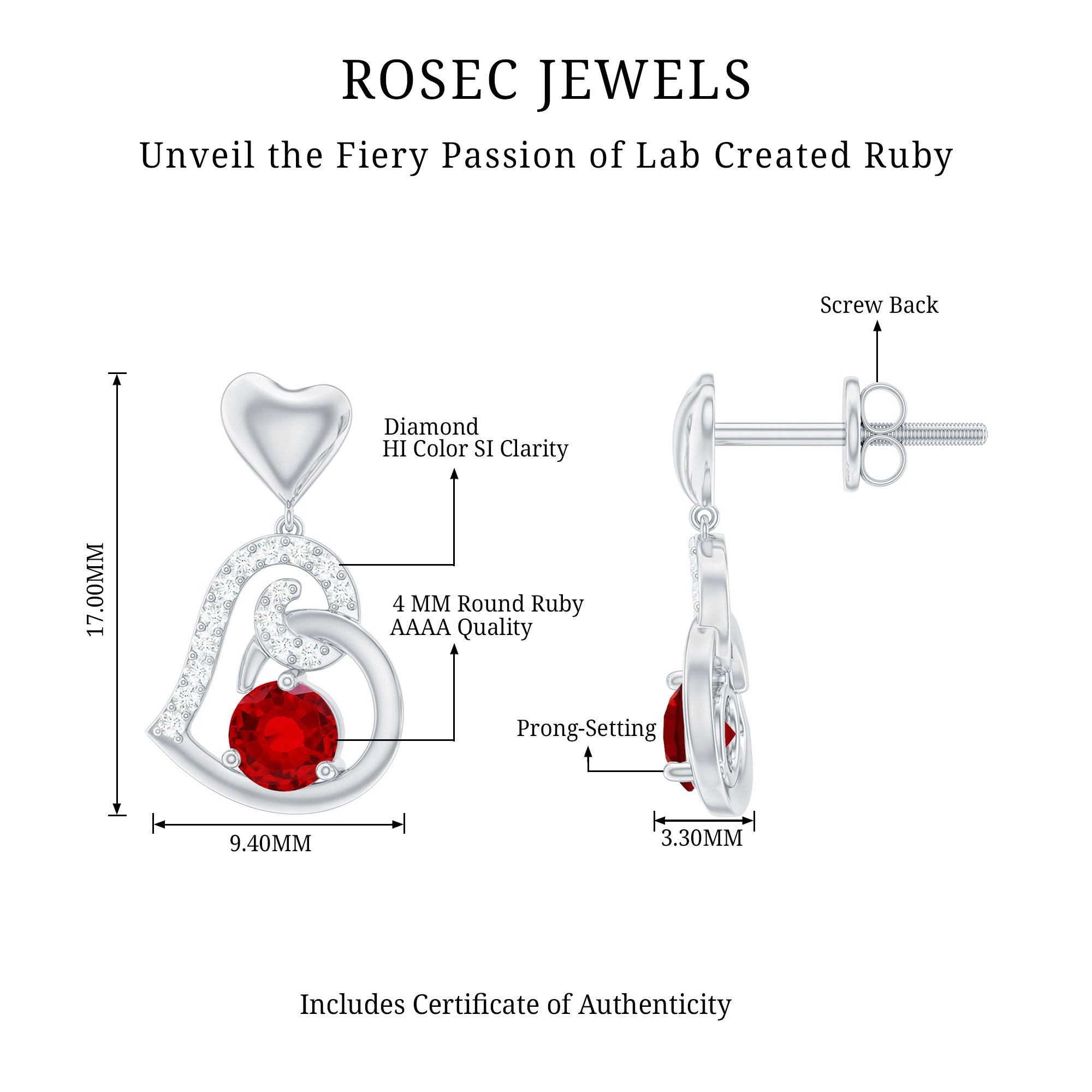 Lab Created Ruby and Diamond Heart Drop Earrings AAAA - Rosec Jewels