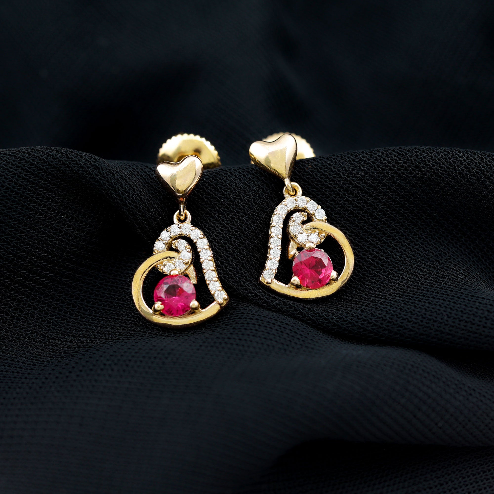 Lab Created Ruby and Diamond Heart Drop Earrings AAAA - Rosec Jewels