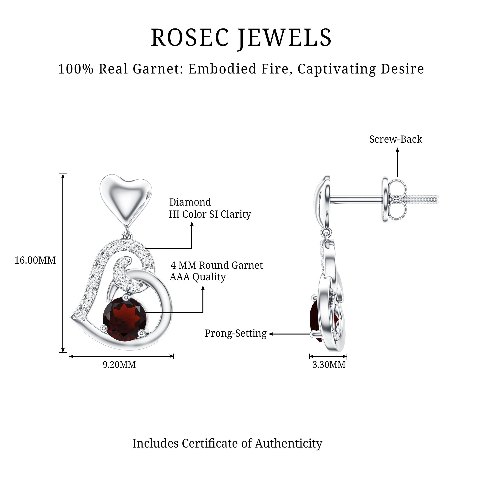 Garnet Heart Drop Earrings with Diamond Accent AAA - Rosec Jewels