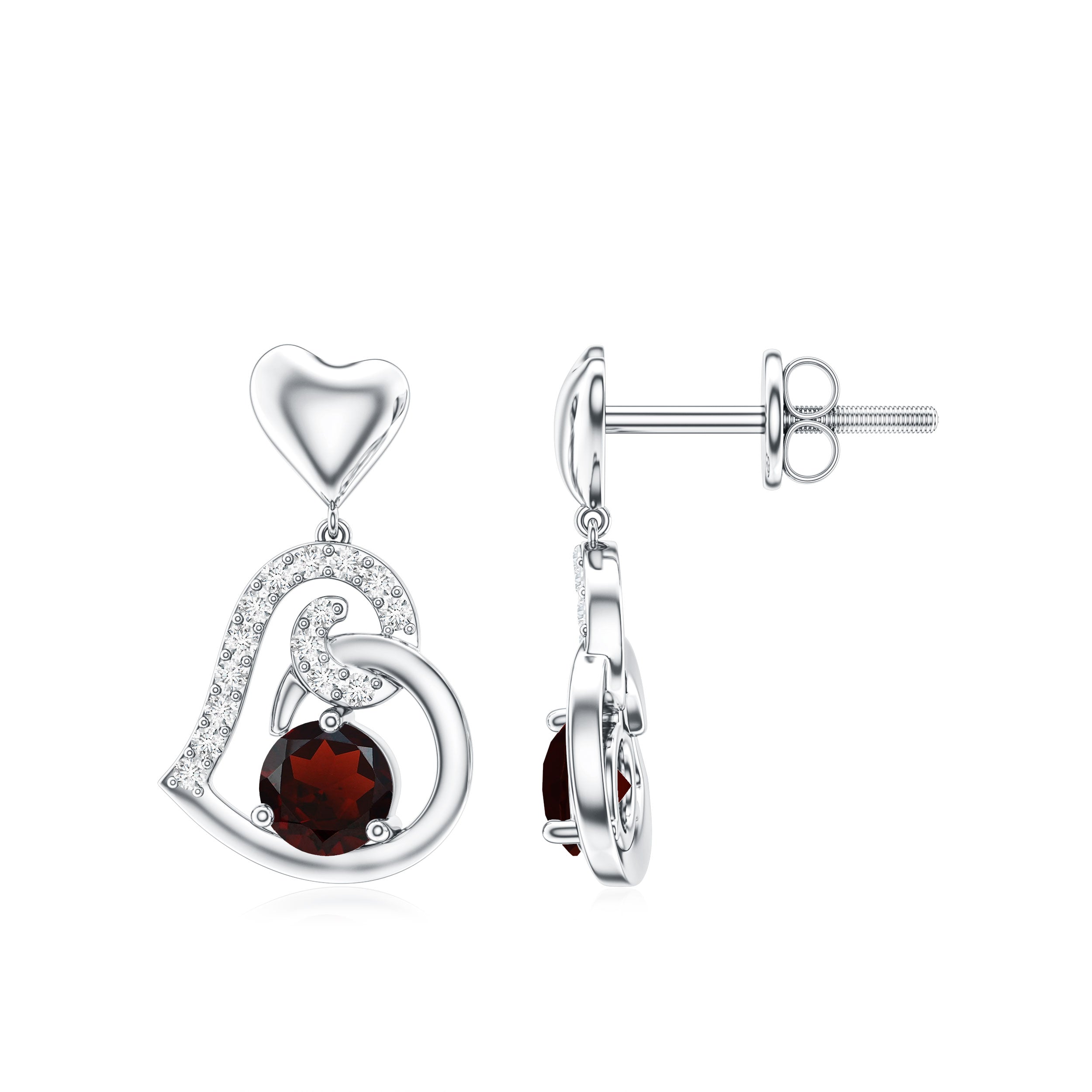 Garnet Heart Drop Earrings with Diamond Accent AAA - Rosec Jewels