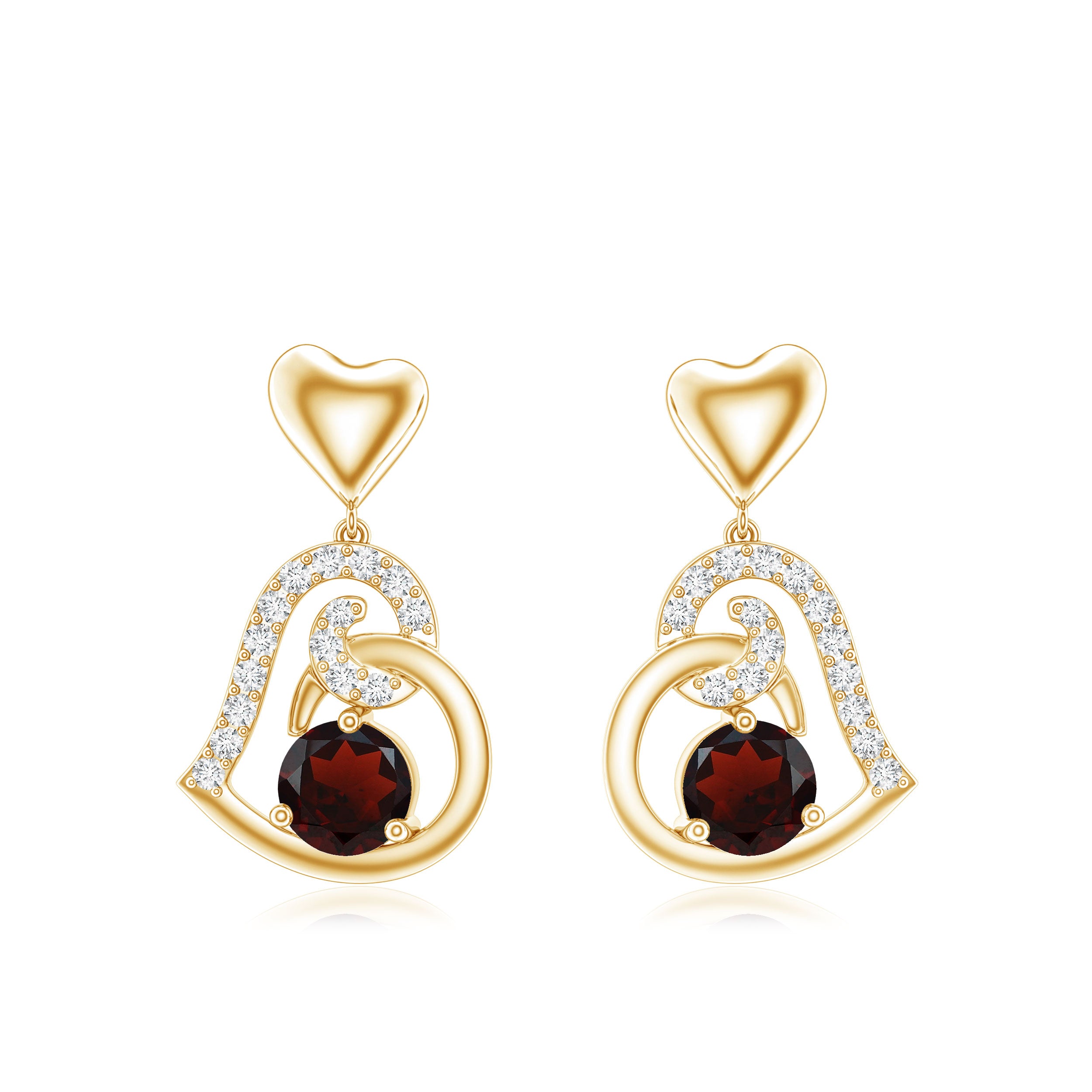 Garnet Heart Drop Earrings with Diamond Accent AAA - Rosec Jewels