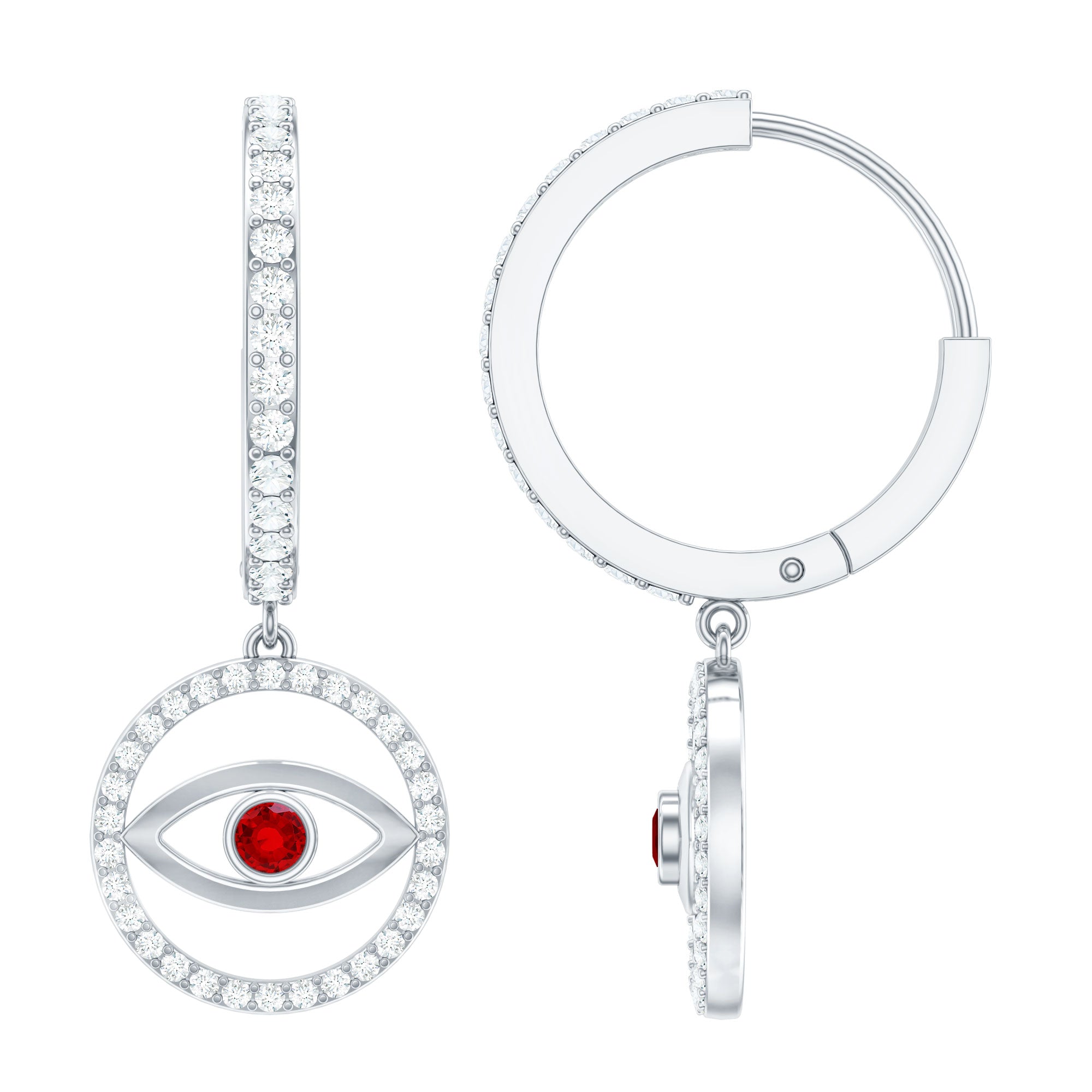 Lab Created Ruby and Moissanite Evil Eye Hoop Drop Earrings
