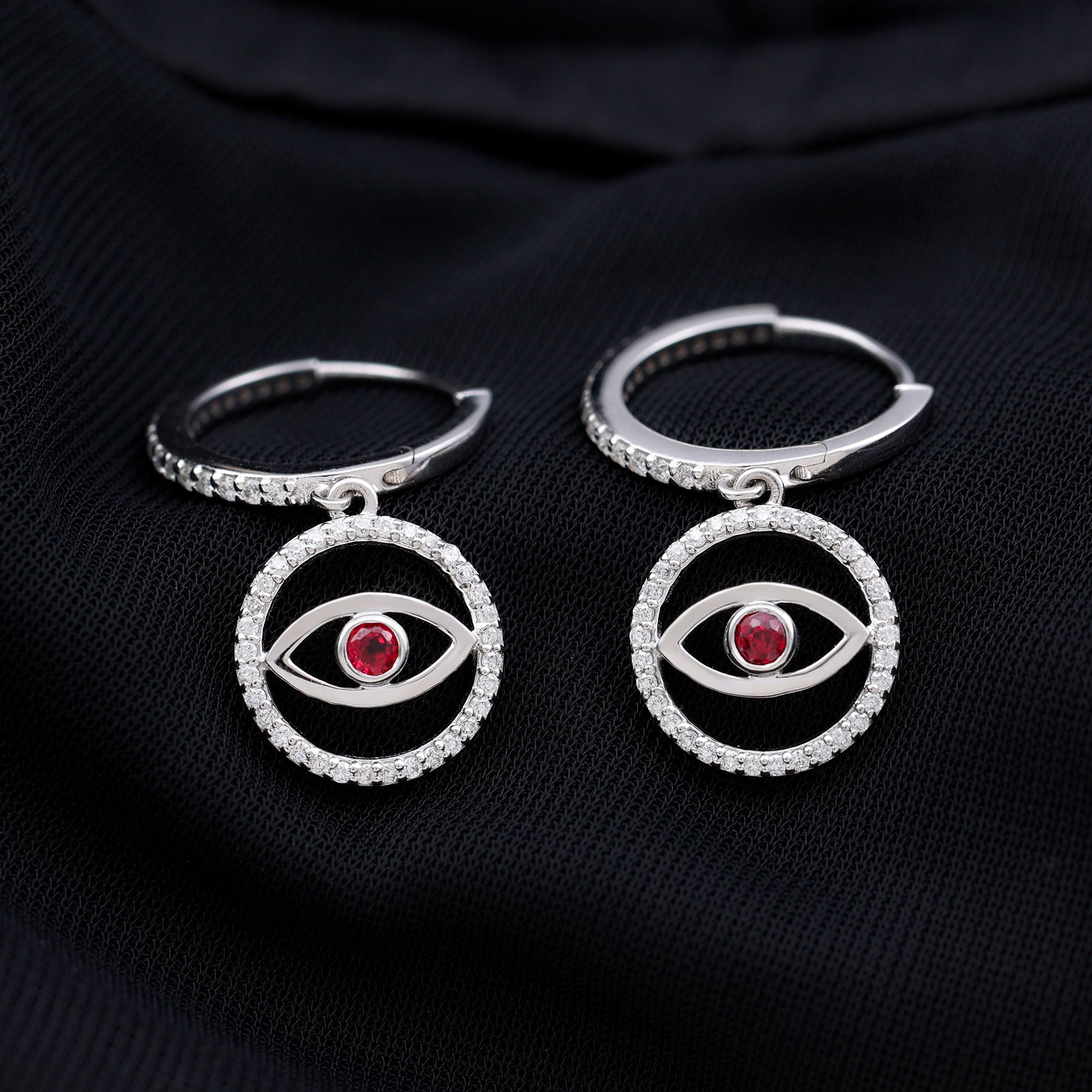 3/4 CT Created Ruby and Moissanite Evil Eye Hoop Drop Earrings Lab Created Ruby - ( AAAA ) - Quality - Rosec Jewels