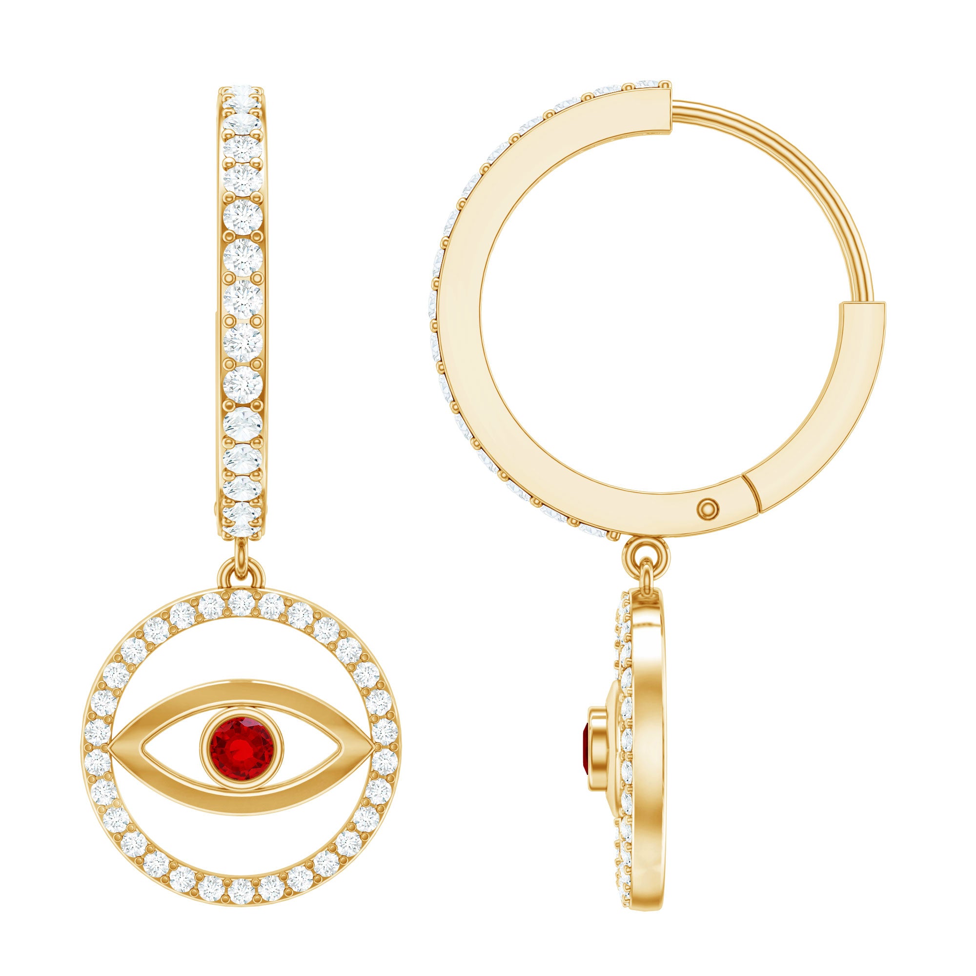 Lab Created Ruby and Moissanite Evil Eye Hoop Drop Earrings AAAA - Rosec Jewels