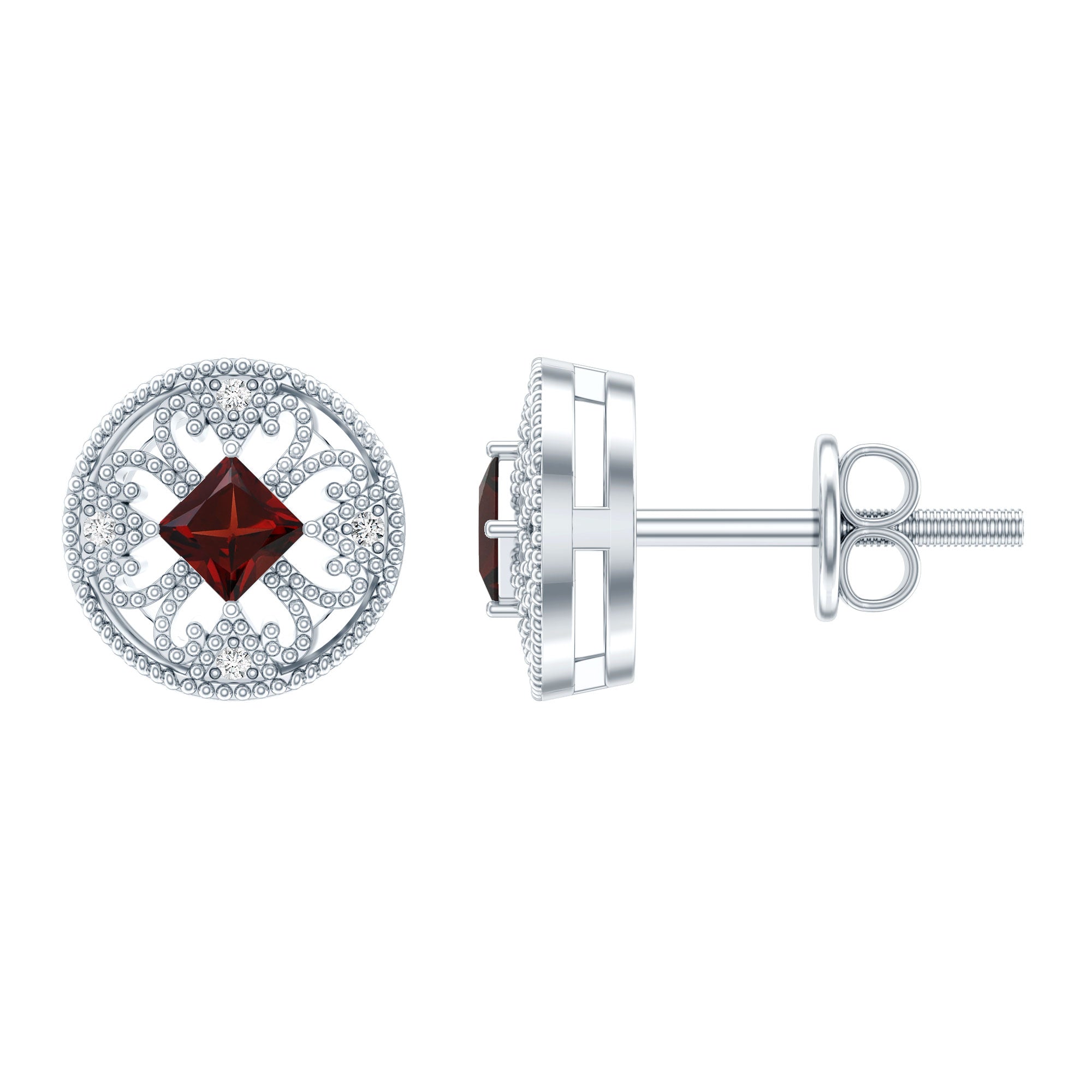 Vintage Inspired Garnet Stud Earrings with Diamond in Silver AAA 92.5 Sterling Silver - Rosec Jewels