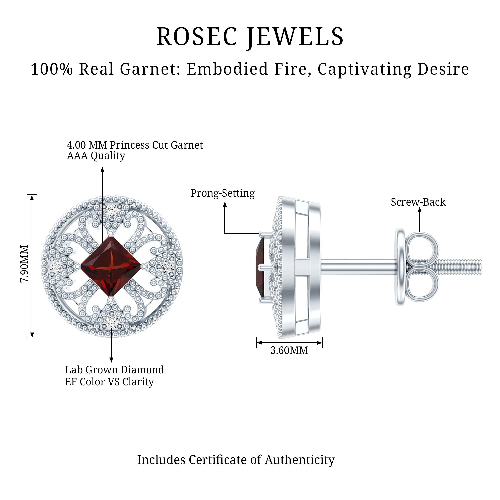 Vintage Inspired Garnet Stud Earrings with Diamond in Silver AAA 92.5 Sterling Silver - Rosec Jewels