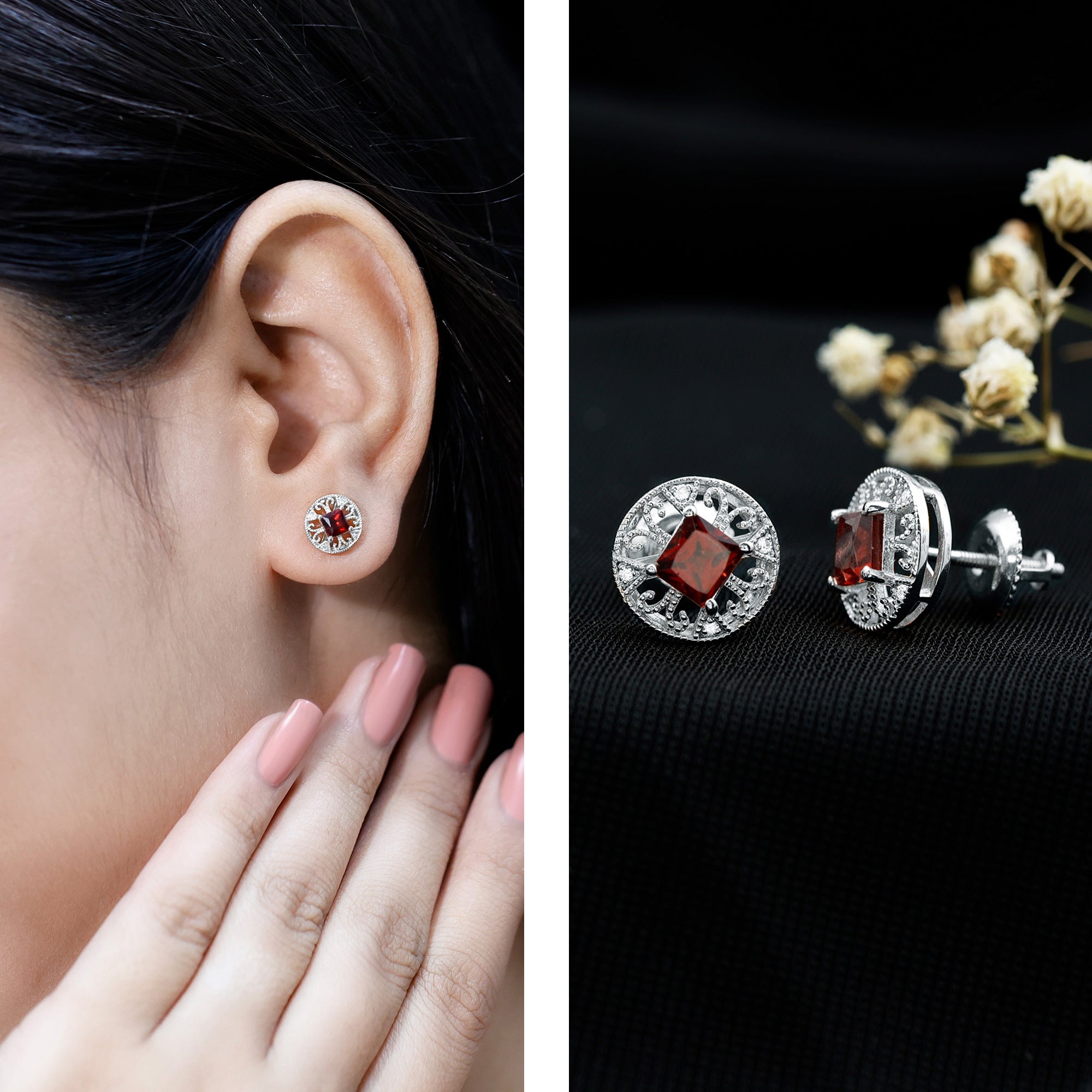 Vintage Inspired Garnet Stud Earrings with Diamond in Silver AAA 92.5 Sterling Silver - Rosec Jewels