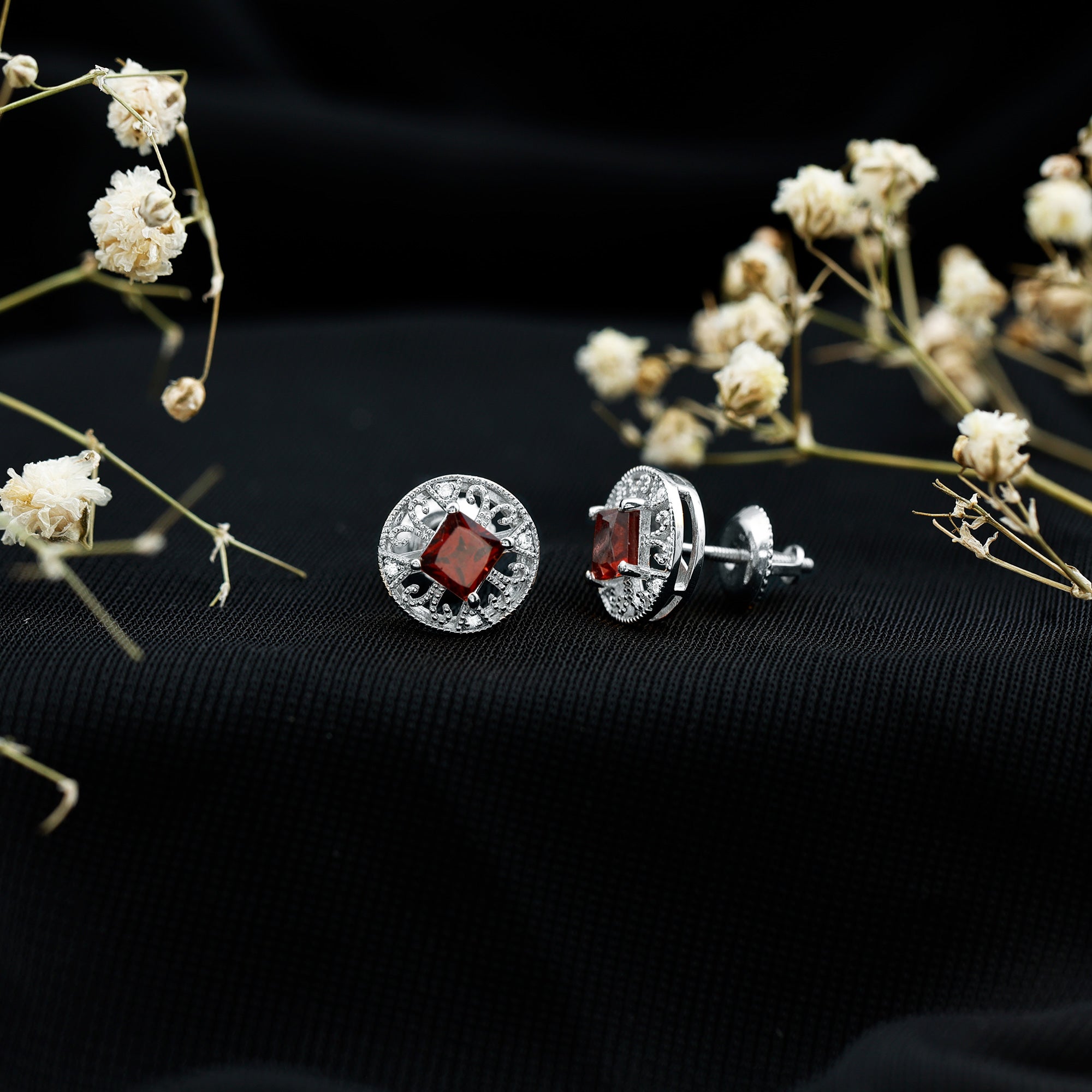Vintage Inspired Garnet Stud Earrings with Diamond in Silver AAA 92.5 Sterling Silver - Rosec Jewels
