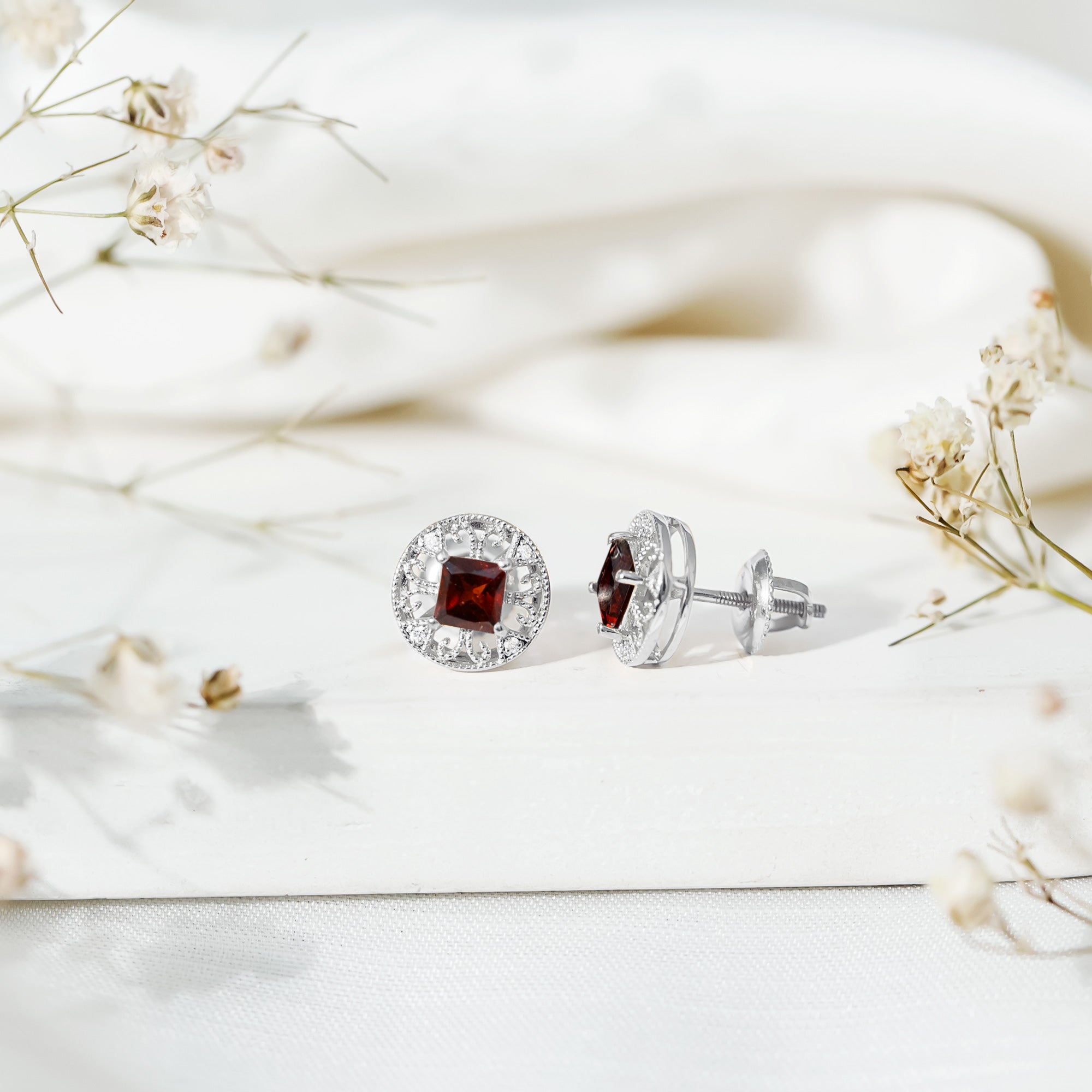 Vintage Inspired Garnet Stud Earrings with Diamond in Silver AAA 92.5 Sterling Silver - Rosec Jewels