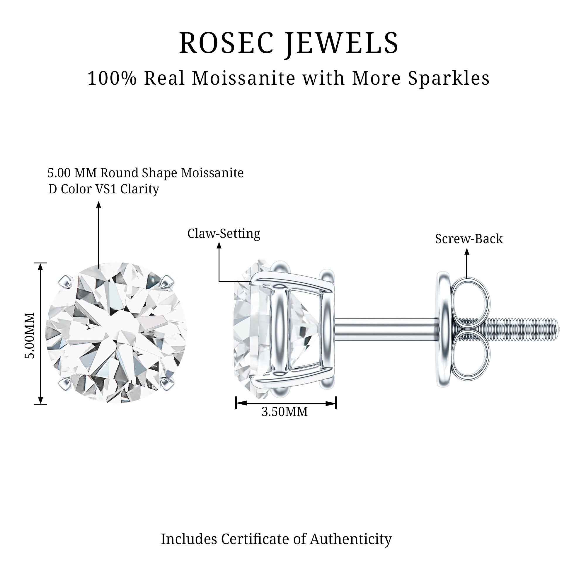 Round Moissanite 1 Carat Stud Earrings with Screw Back D-VS1 - Rosec Jewels