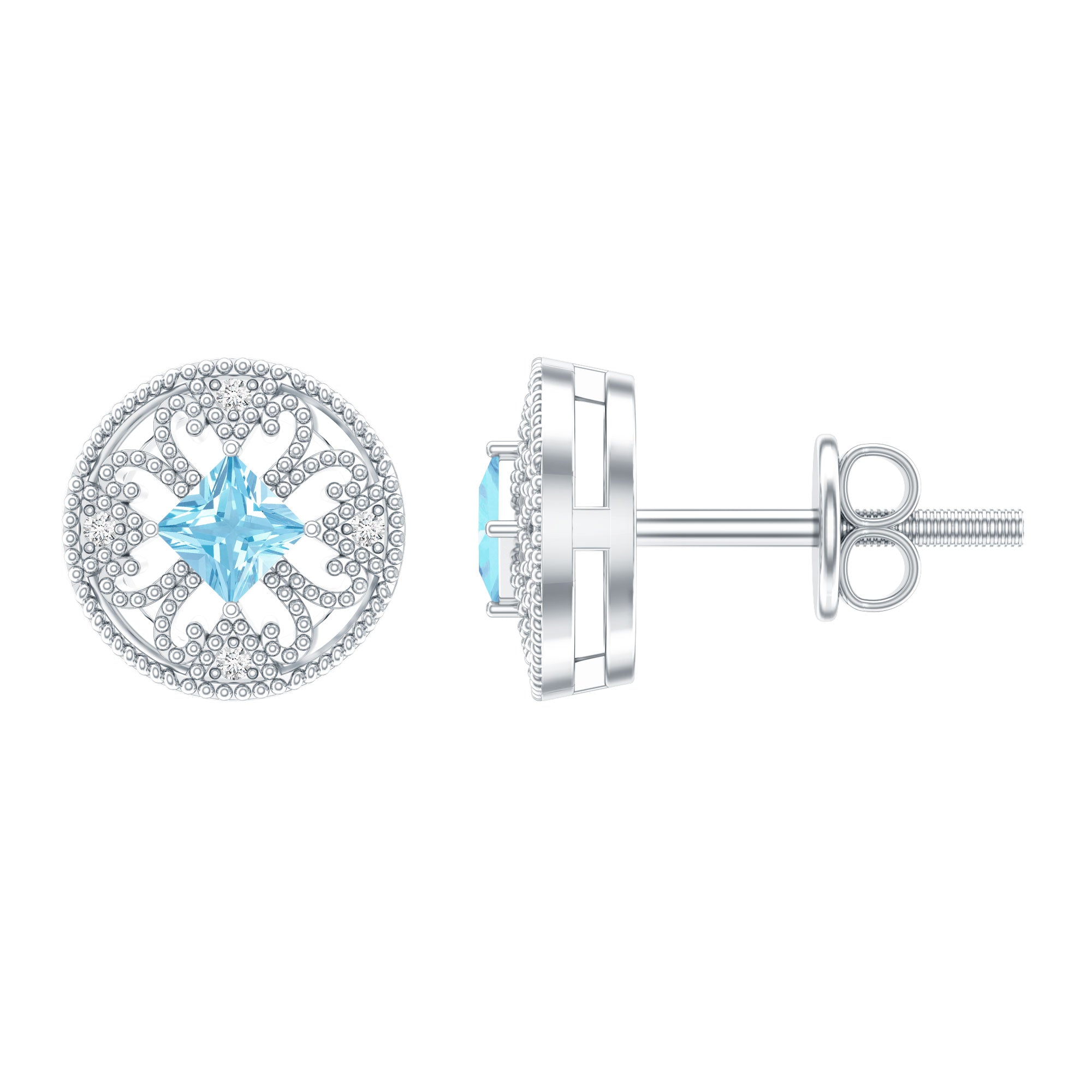 Natural Aquamarine Vintage Stud Earrings with Lab Diamond AAA 92.5 Sterling Silver - Rosec Jewels