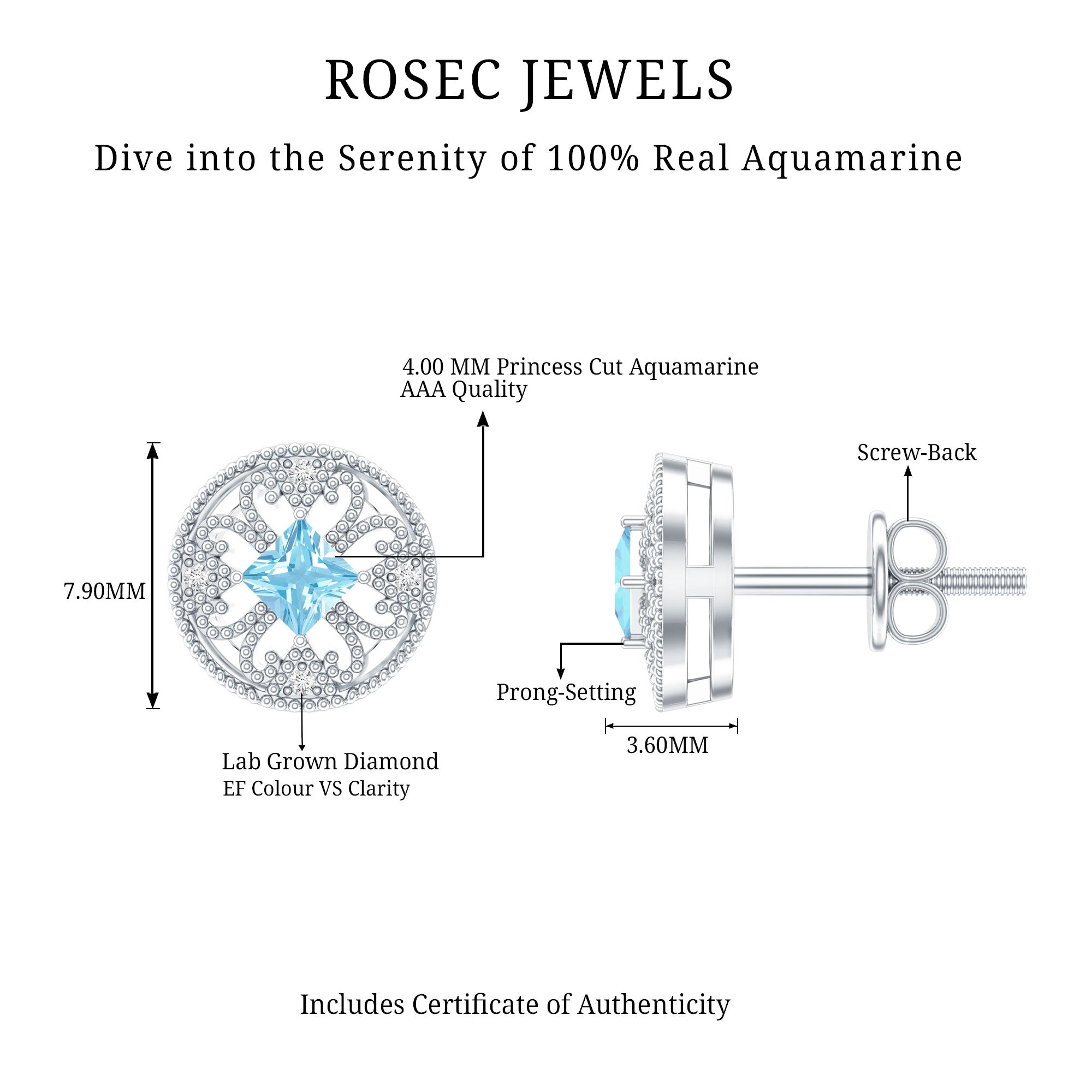 Natural Aquamarine Vintage Stud Earrings with Lab Diamond AAA 92.5 Sterling Silver - Rosec Jewels