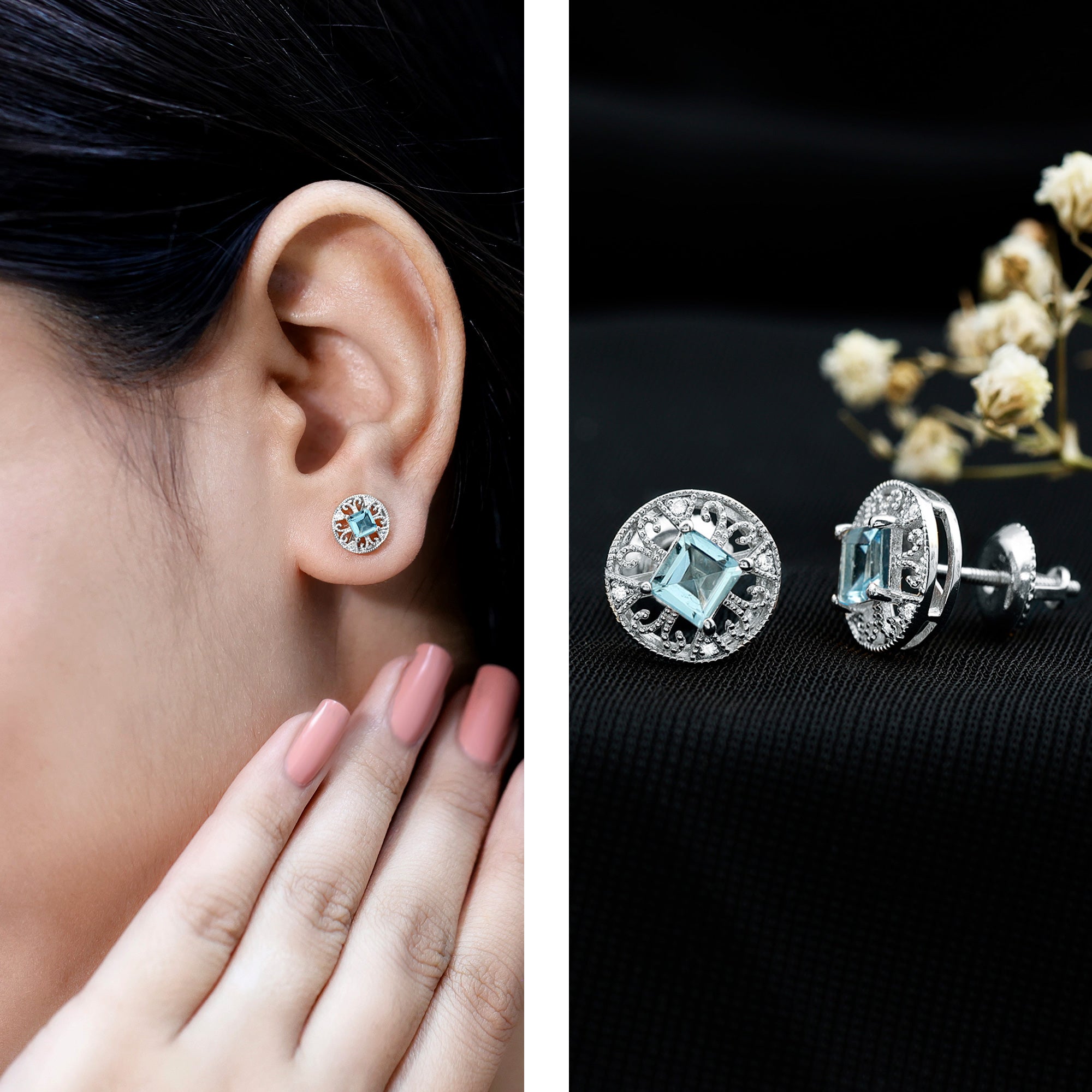 Natural Aquamarine Vintage Stud Earrings with Lab Diamond AAA 92.5 Sterling Silver - Rosec Jewels