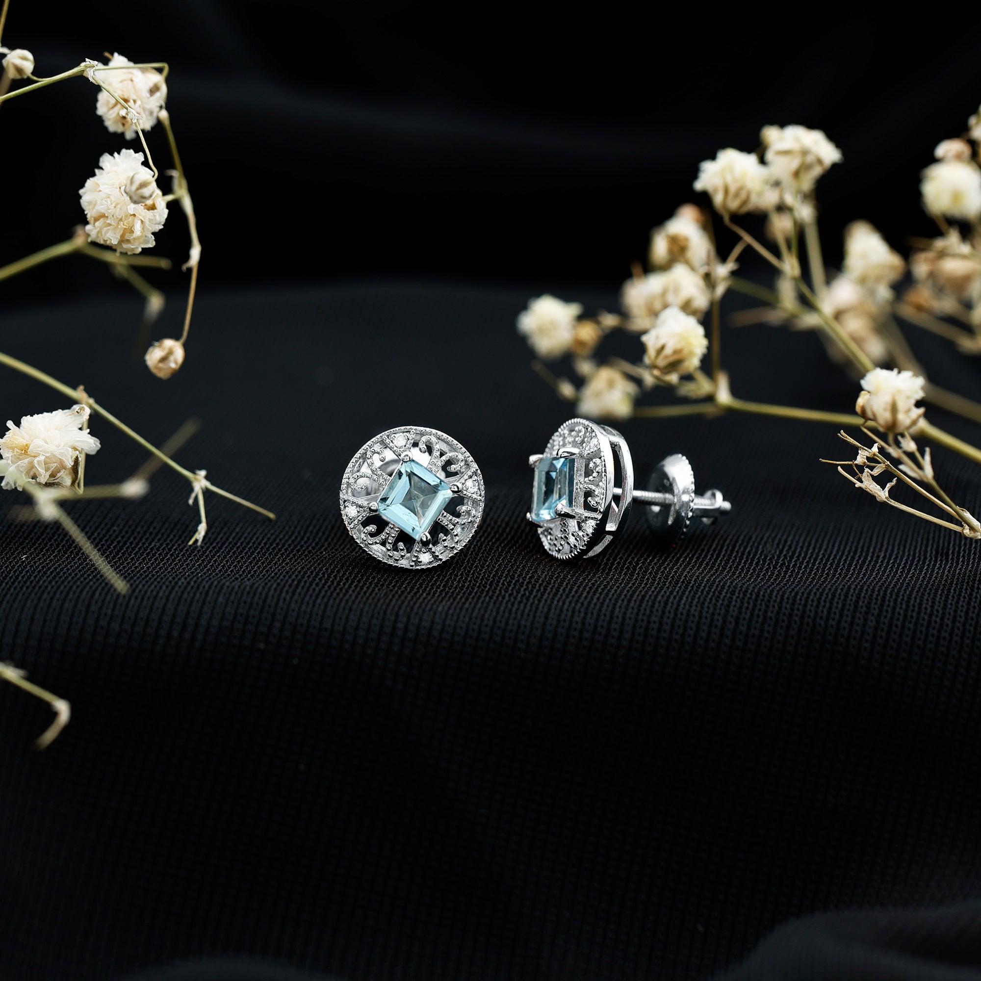 Natural Aquamarine Vintage Stud Earrings with Lab Diamond AAA 92.5 Sterling Silver - Rosec Jewels