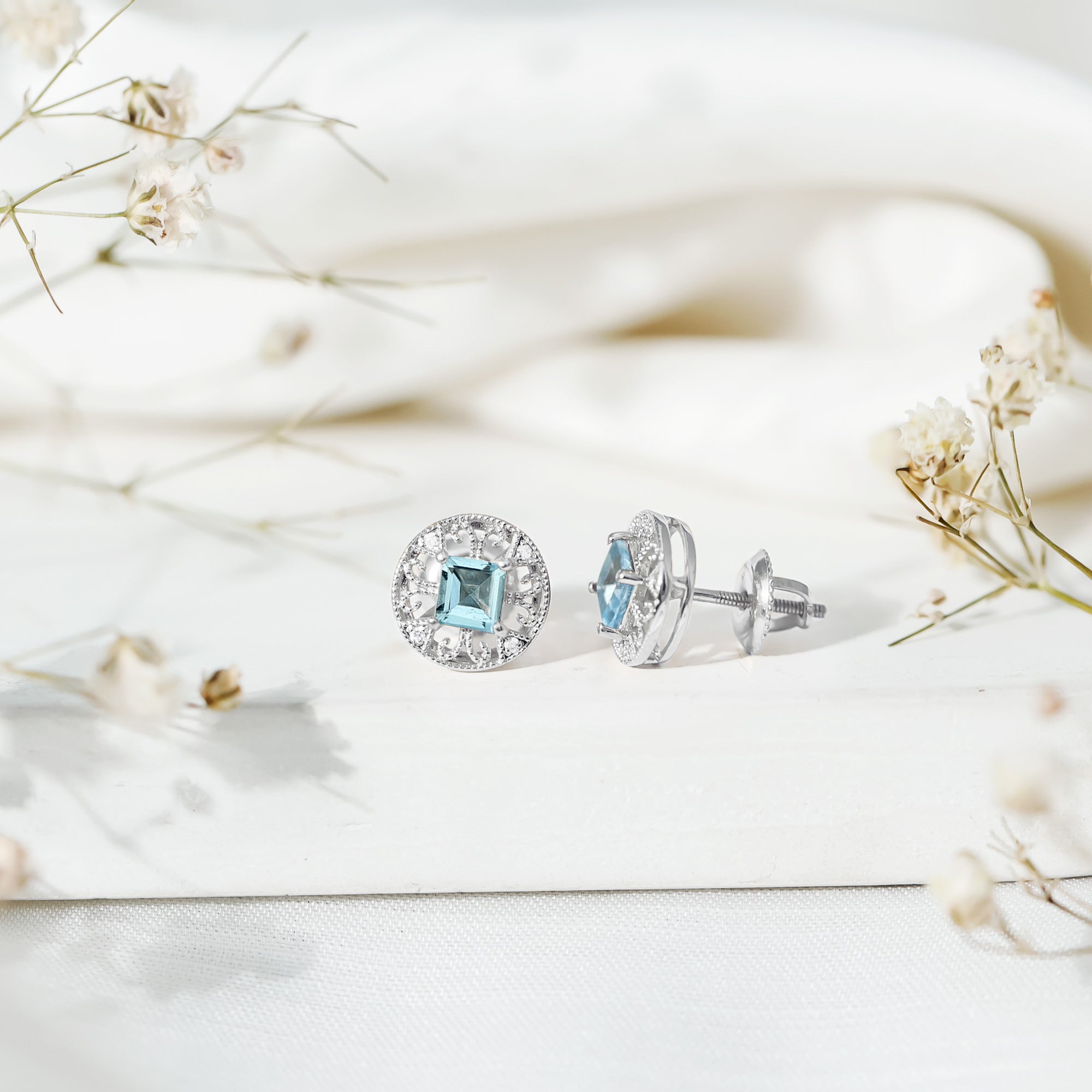 Natural Aquamarine Vintage Stud Earrings with Lab Diamond AAA 92.5 Sterling Silver - Rosec Jewels