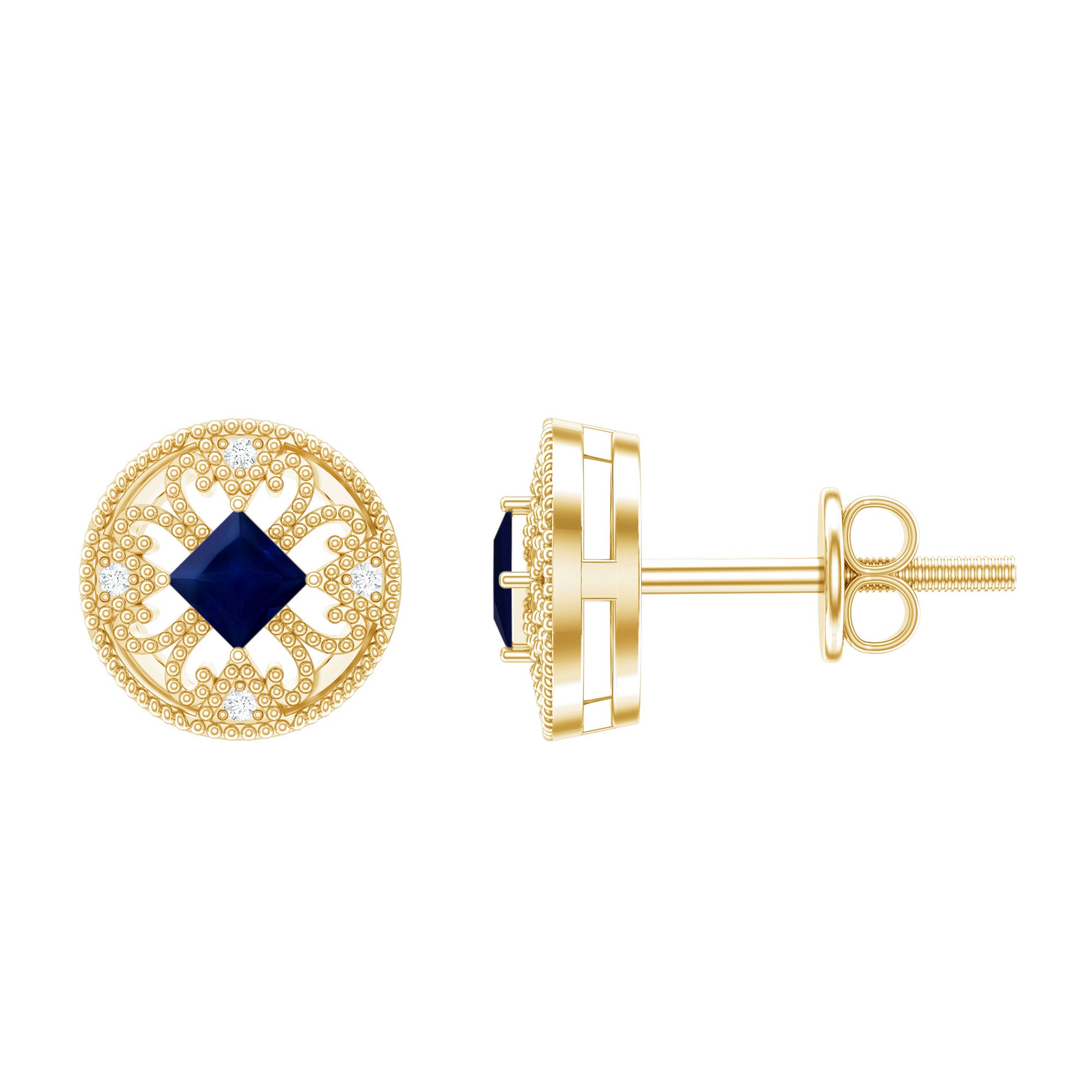 Antique Inspired Blue Sapphire and Diamond Stud Earrings AAA - Rosec Jewels