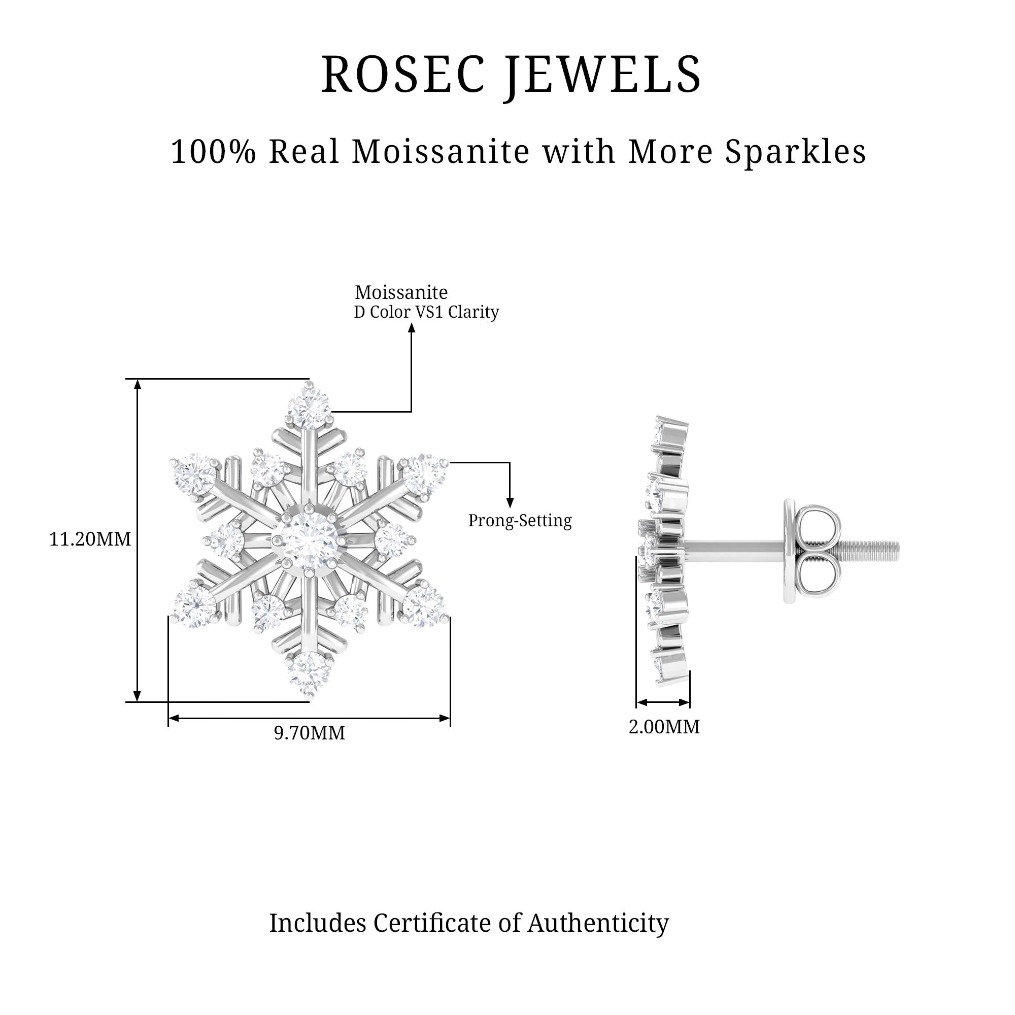 0.75 CT Certified Moissanite Snowflake Stud Earrings in Silver Moissanite - ( D-VS1 ) - Color and Clarity 92.5 Sterling Silver - Rosec Jewels