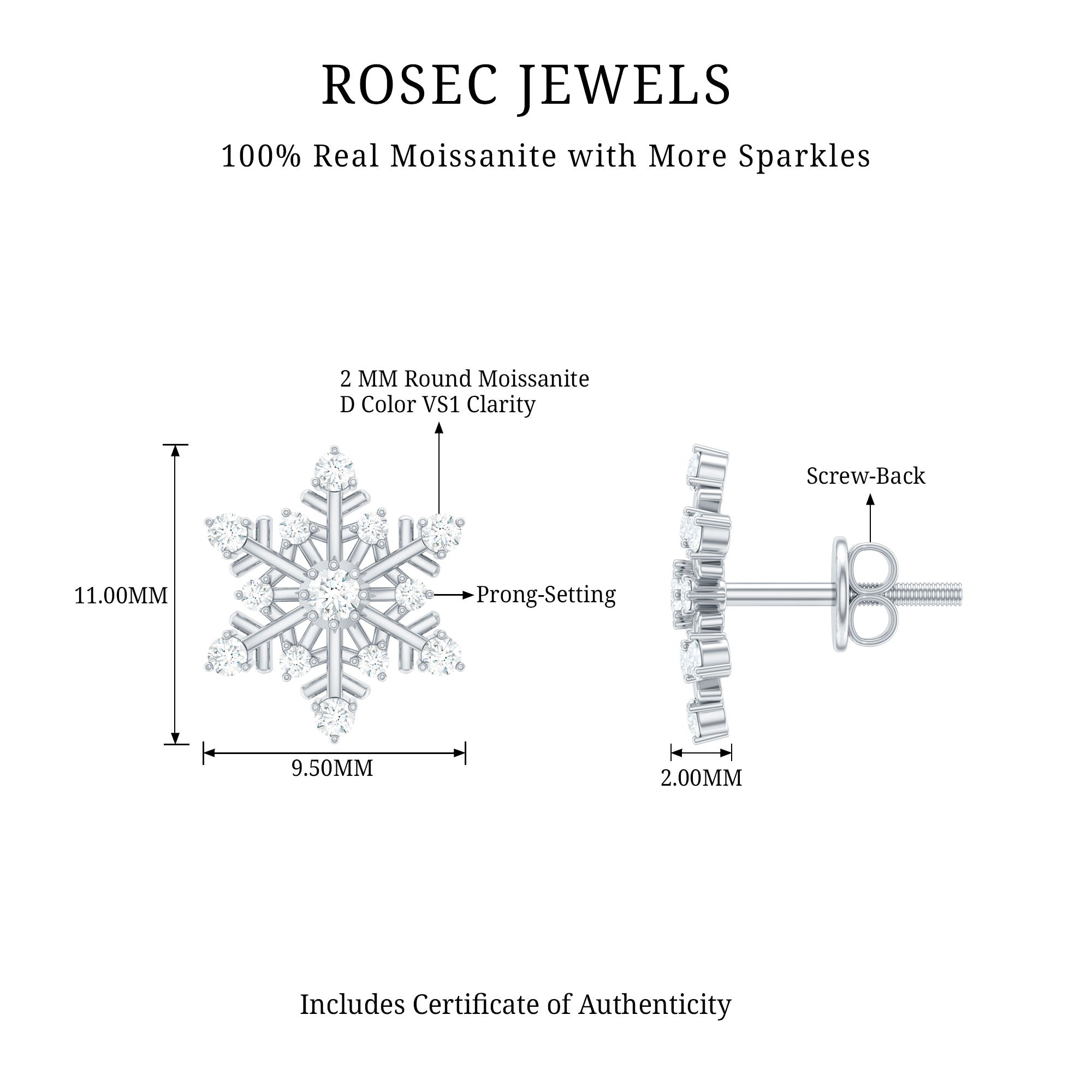 Certified Moissanite Snowflake Stud Earrings For Christmas D-VS1 - Rosec Jewels