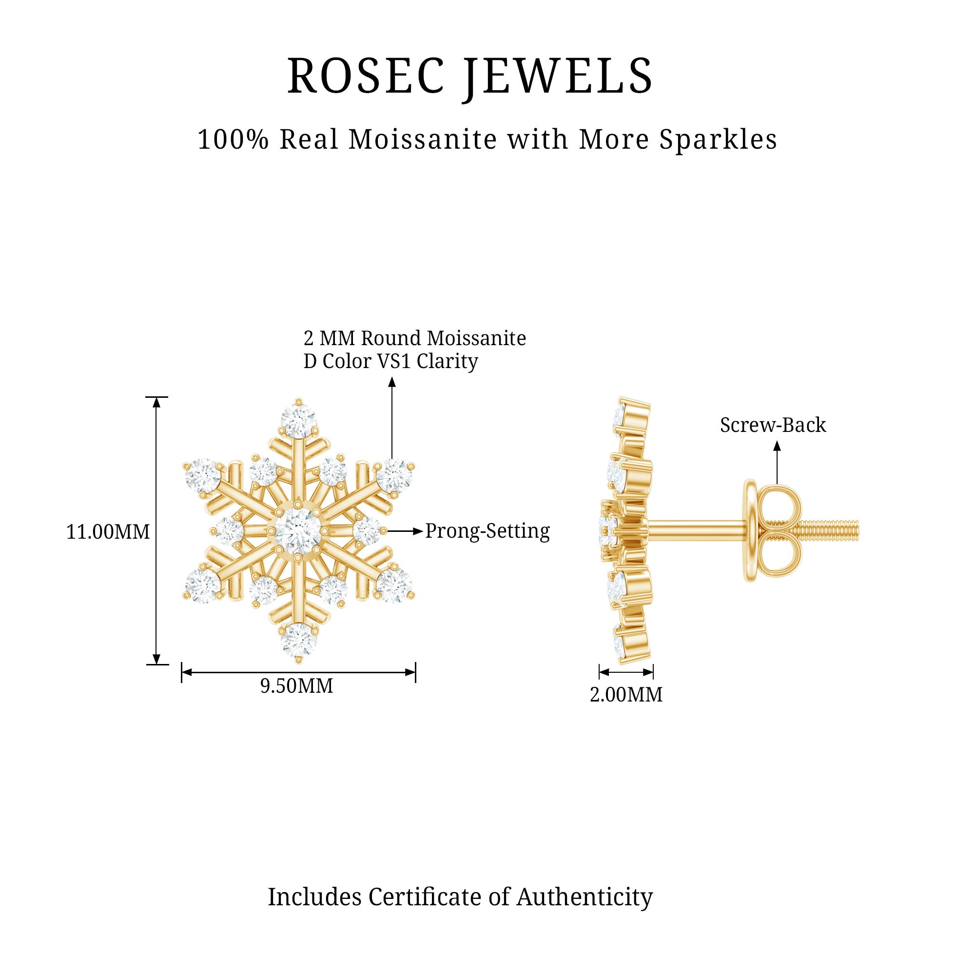 Certified Moissanite Snowflake Stud Earrings For Christmas D-VS1 - Rosec Jewels