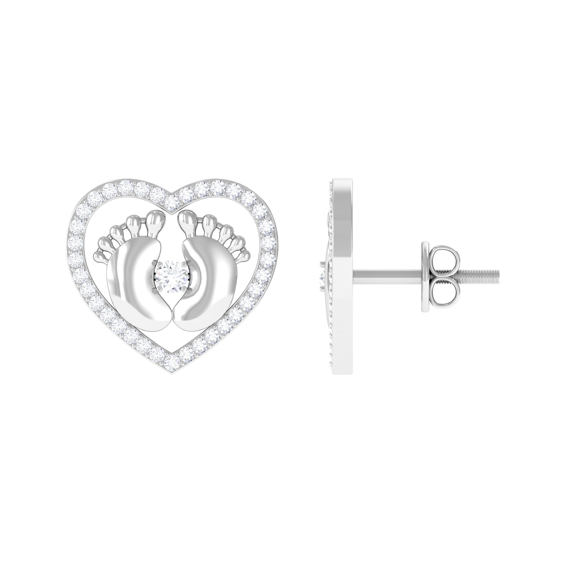 Rosec Jewels-Diamond Heart Stud Earrings with Gold Baby Feet