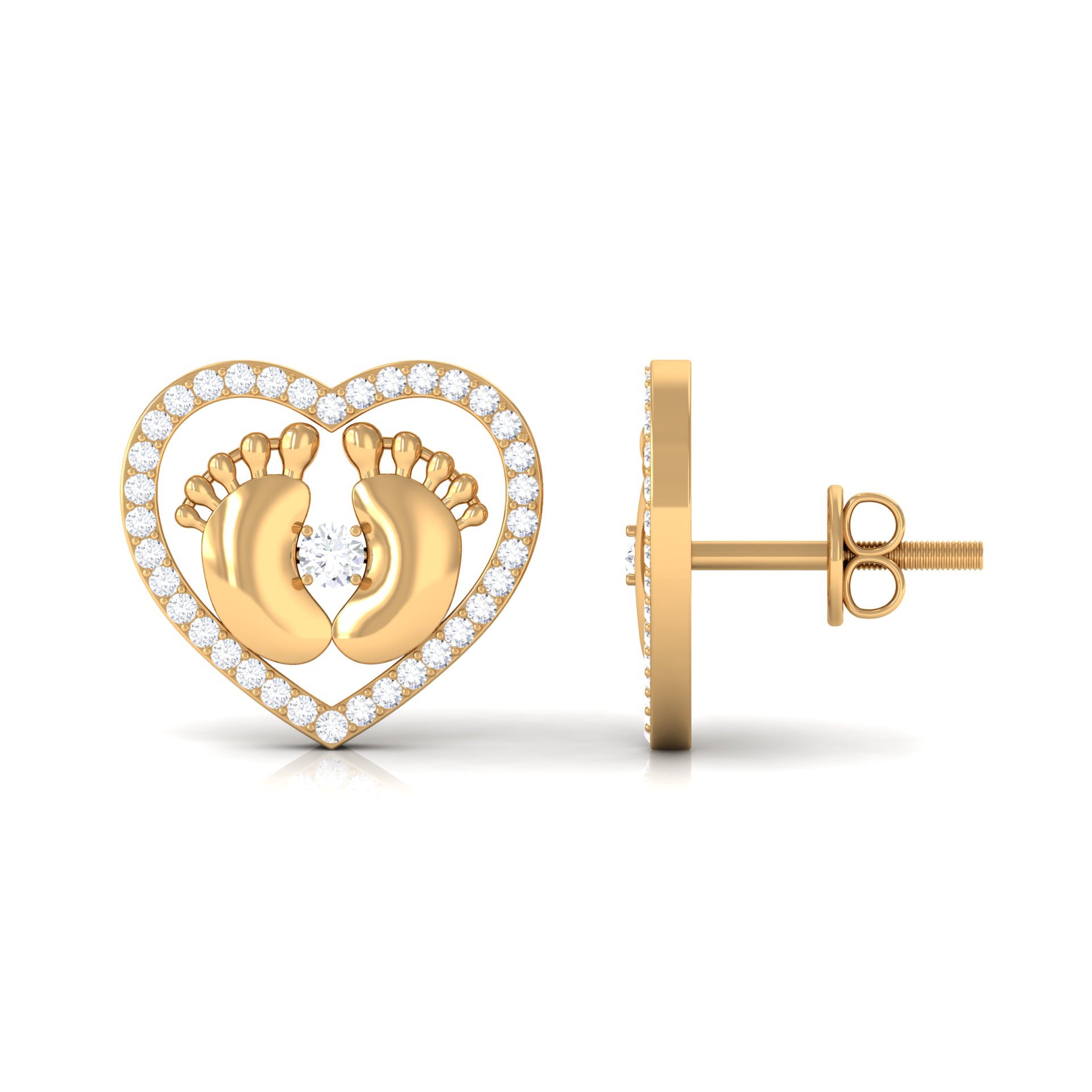 Diamond Heart Stud Earrings with Baby Feet Natural - ( HI-SI ) - Rosec Jewels