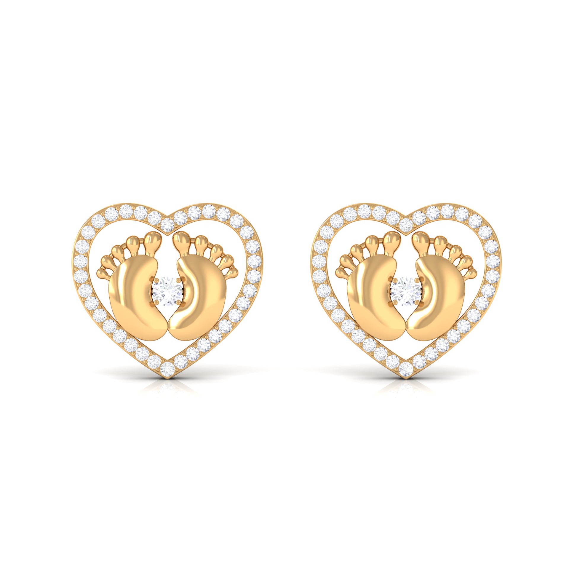 Diamond Heart Stud Earrings with Baby Feet Natural - ( HI-SI ) - Rosec Jewels