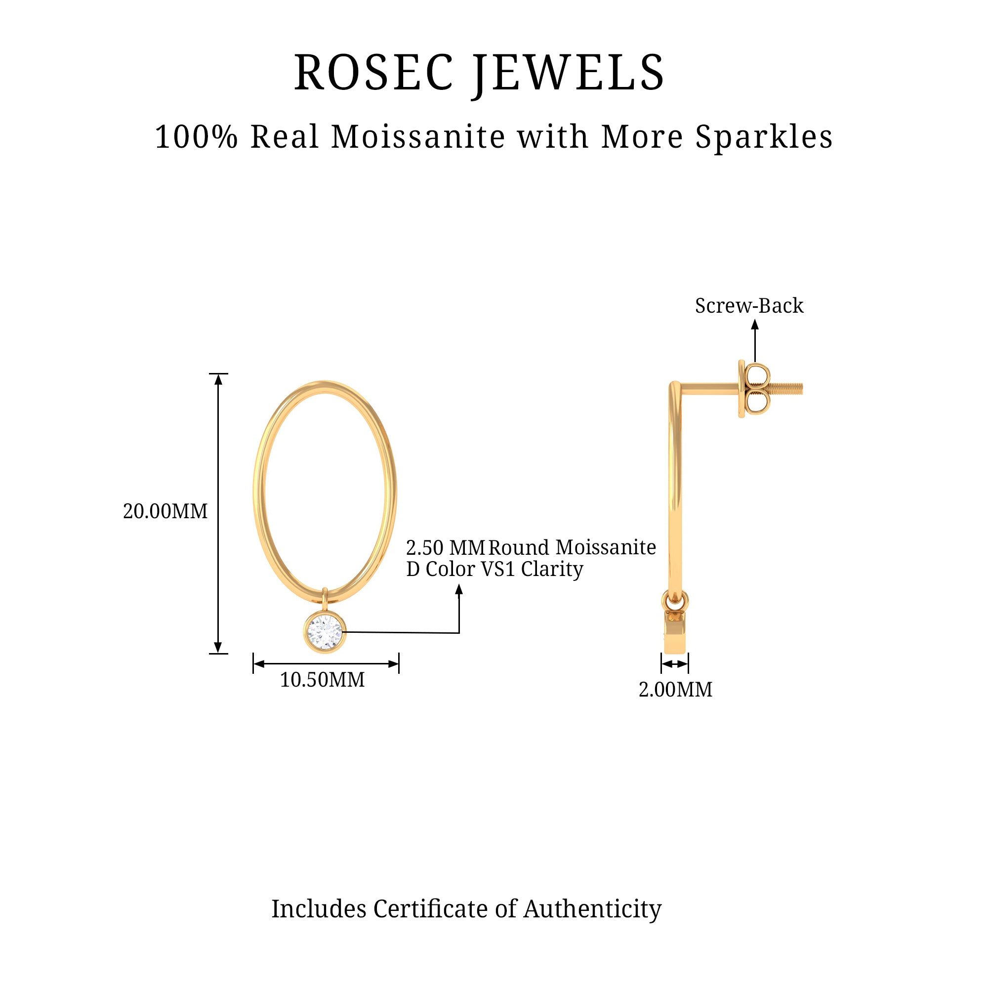 Bezel Set Moissanite Front Facing Hoop Drop Earrings D-VS1 - Rosec Jewels