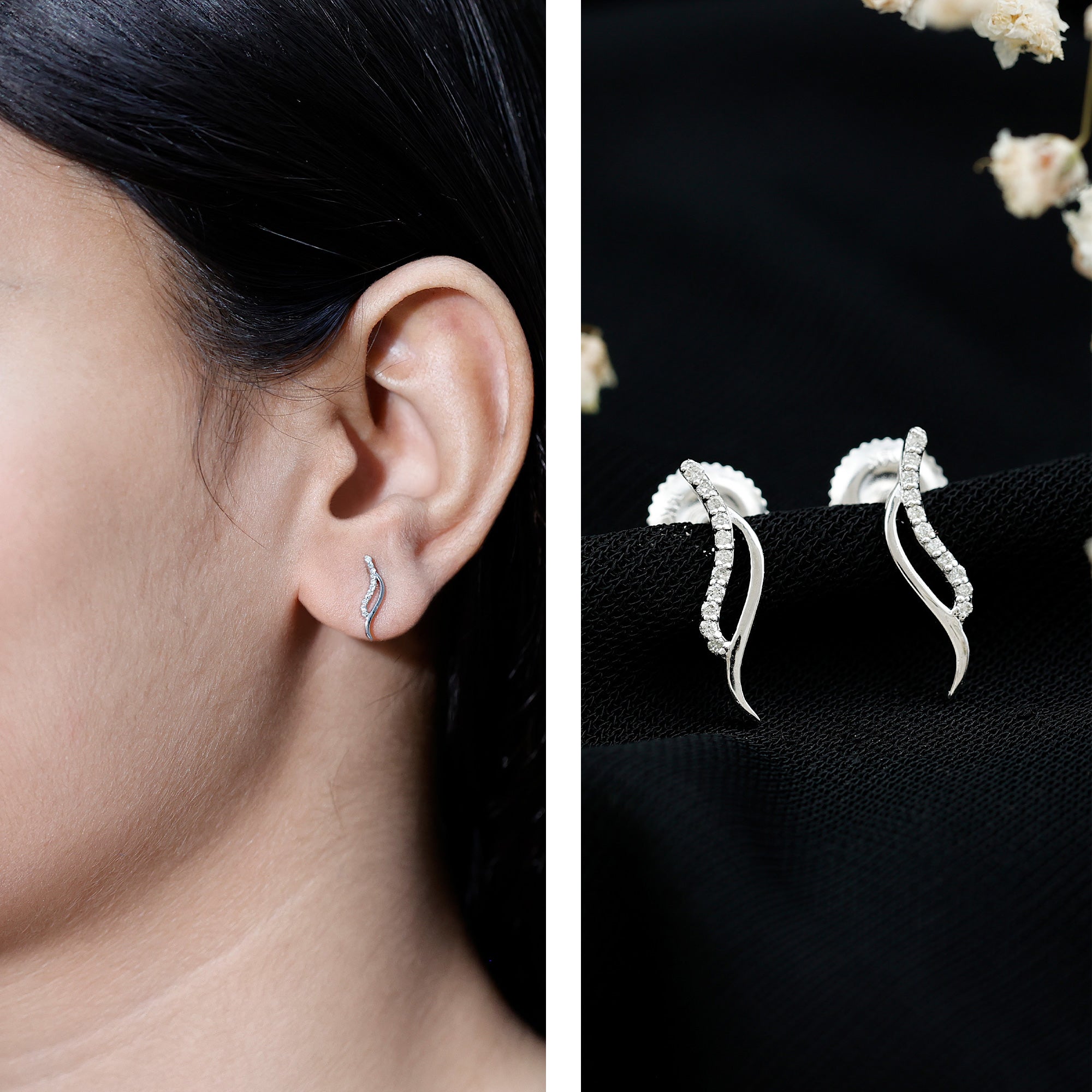 Prong Set Diamond Leaf Stud Earrings for Women Natural - ( HI-SI ) - Rosec Jewels