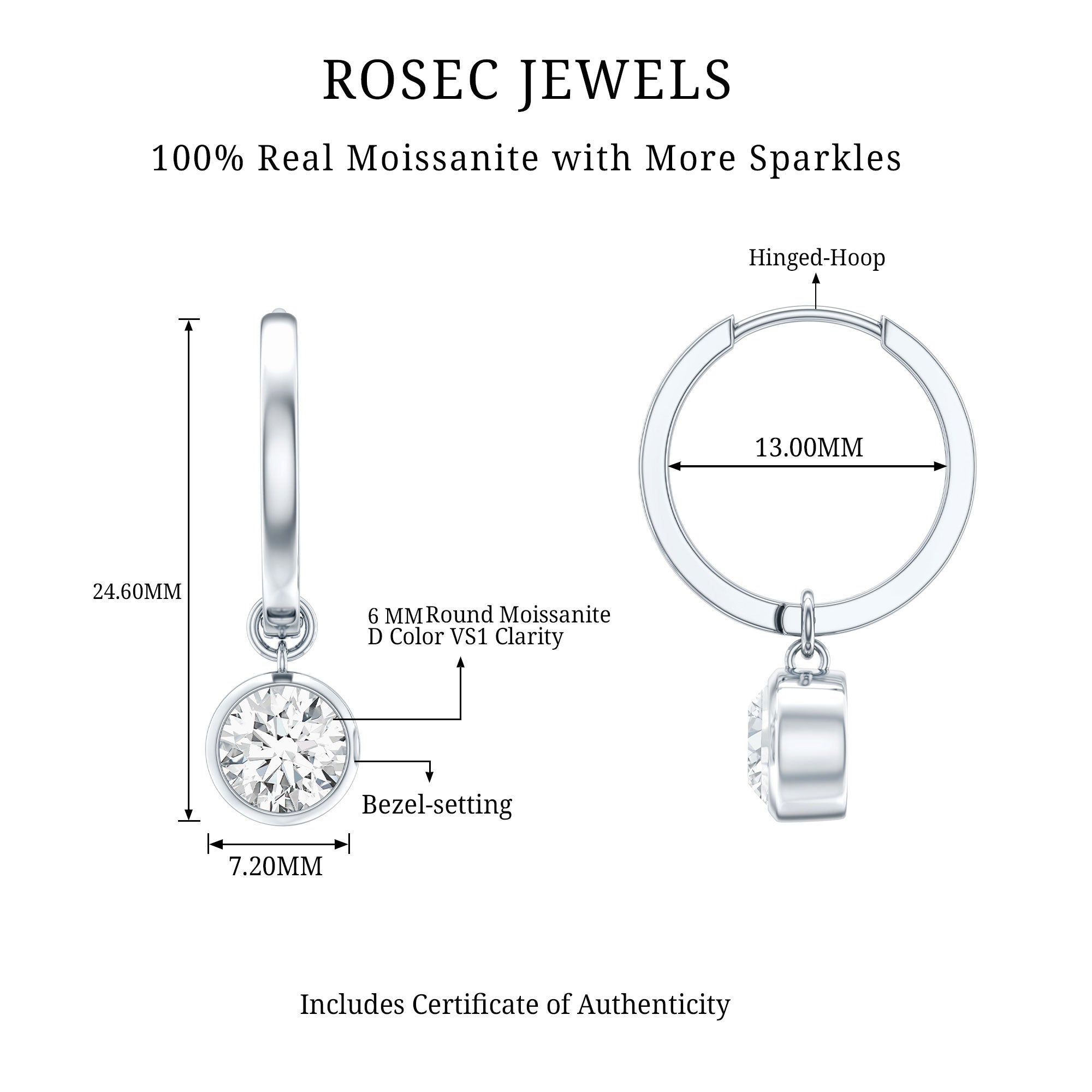 Bezel Set Moissanite and Hinged Hoop Earrings D-VS1 - Rosec Jewels