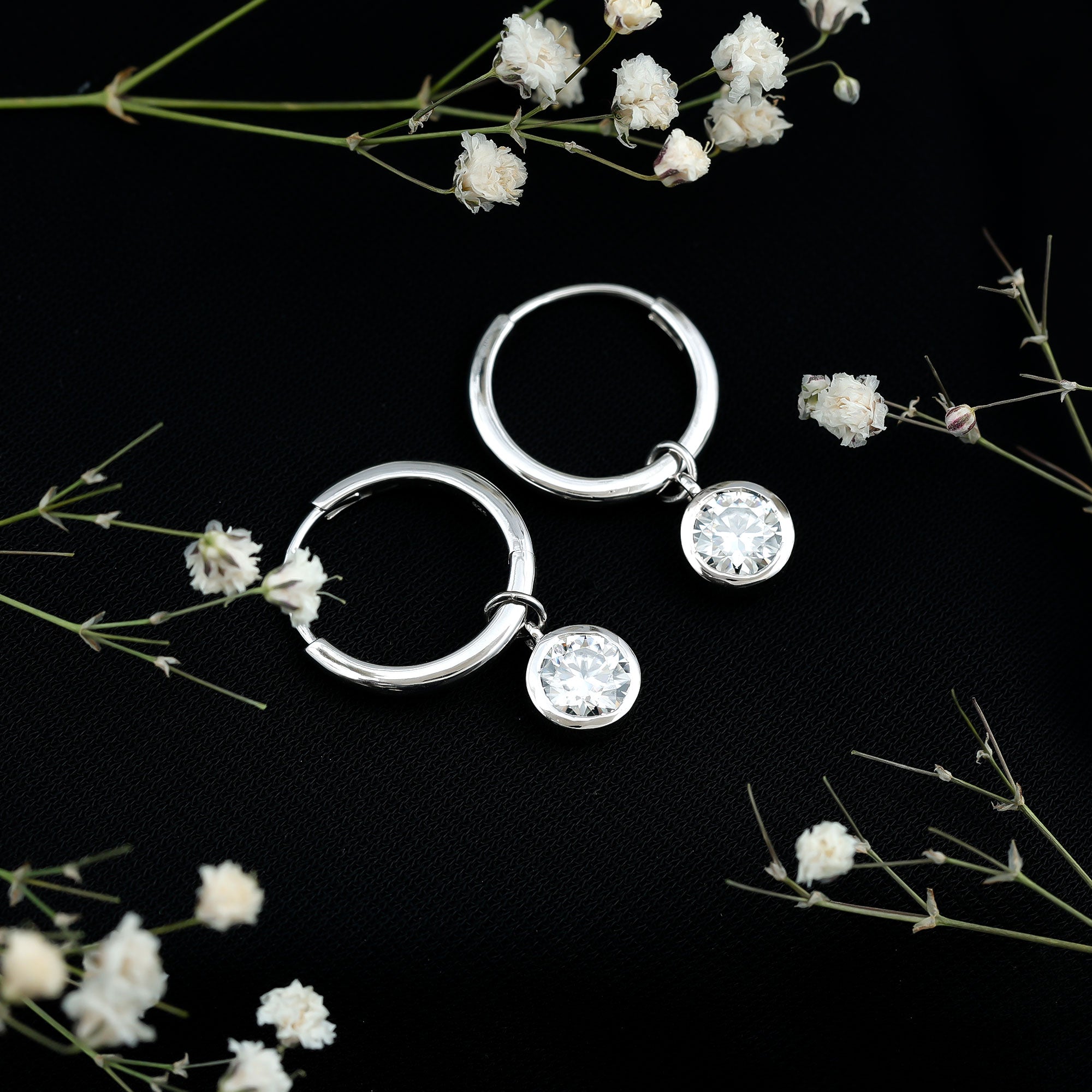 Bezel Set 2 Carat Round Moissanite Drop Hoop Earrings D-VS1 92.5 Sterling Silver - Rosec Jewels
