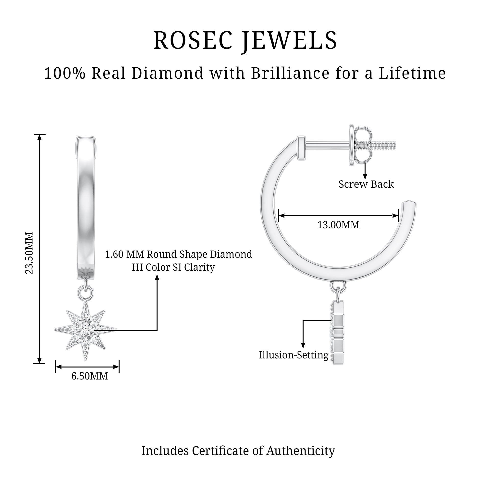 Certified Diamond Star Drop Earrings Natural - ( HI-SI ) - Rosec Jewels