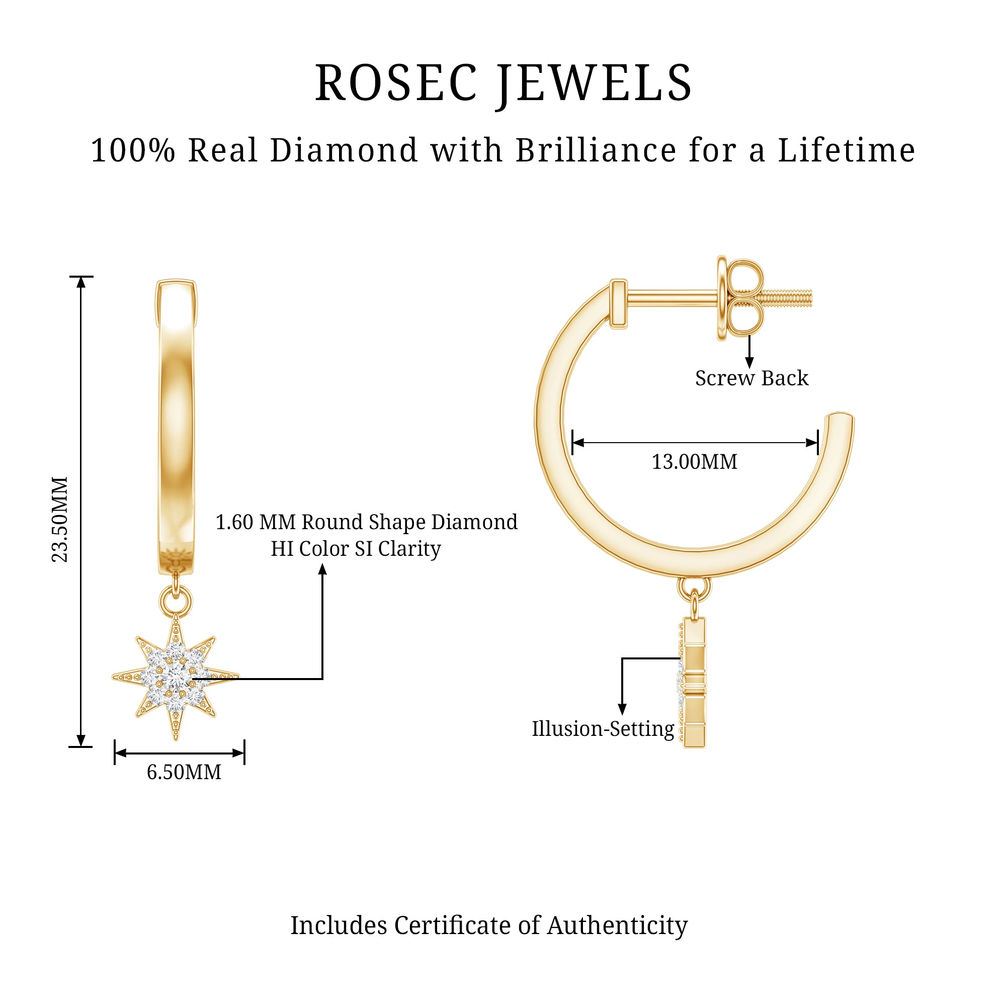 Certified Diamond Star Drop Earrings Natural - ( HI-SI ) - Rosec Jewels