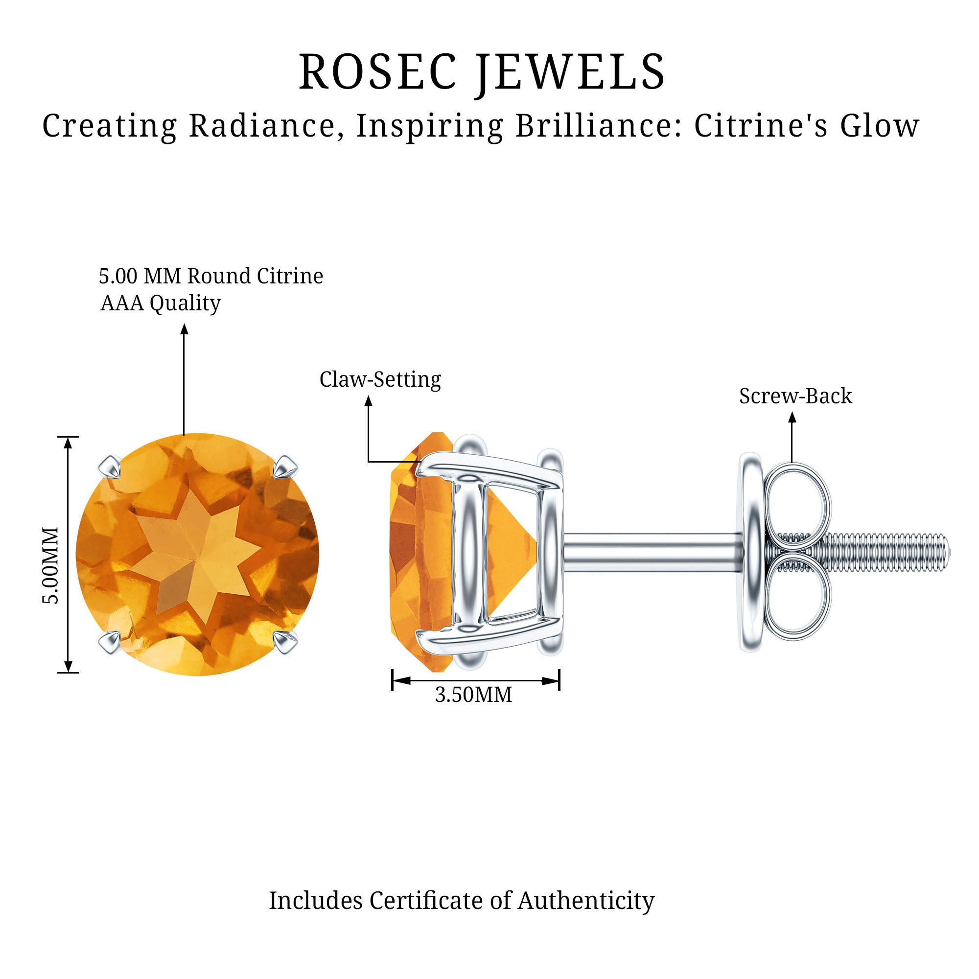 1 CT Round Cut Citrine Solitaire Stud Earrings with Certificate AAA - Rosec Jewels