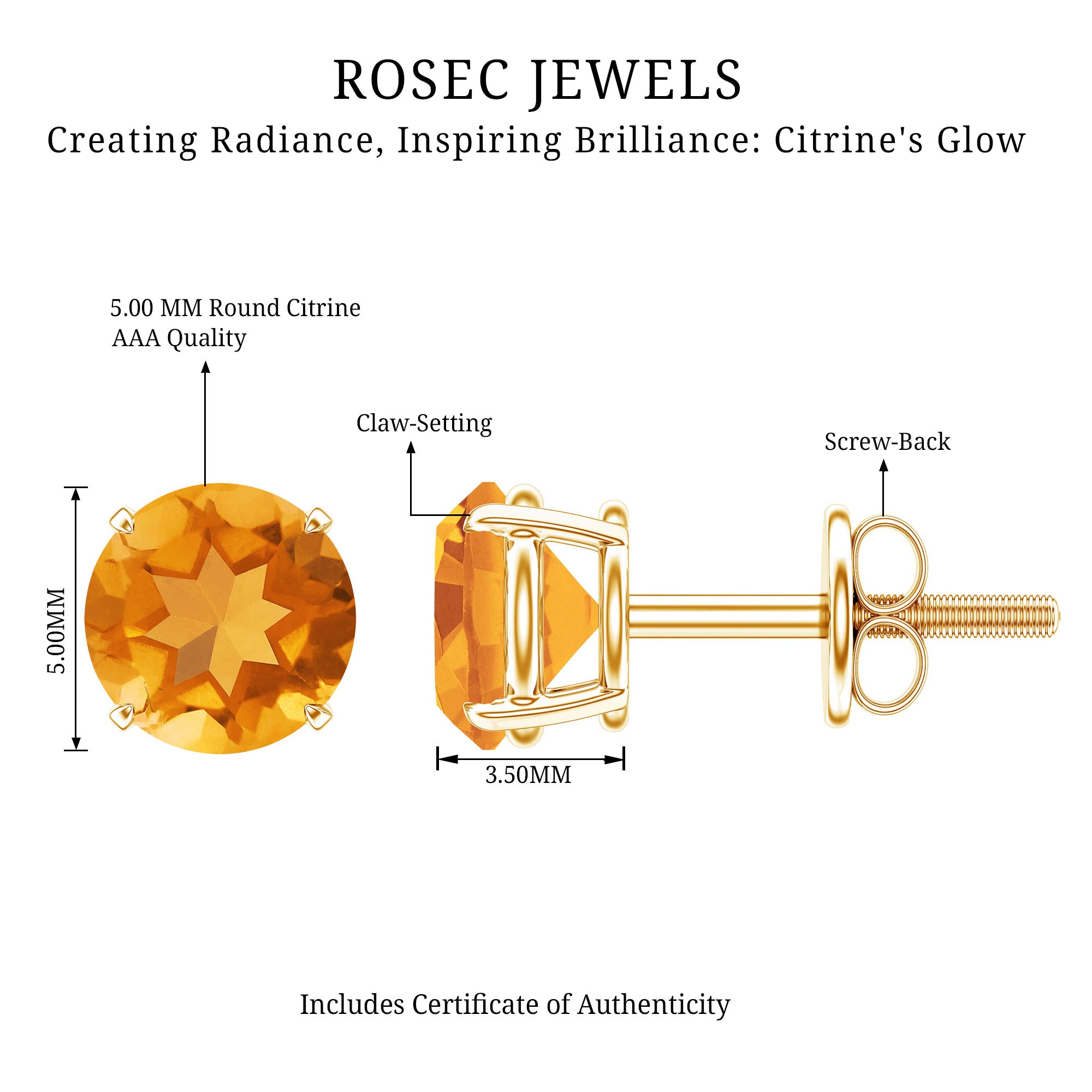1 CT Round Cut Citrine Solitaire Stud Earrings with Certificate AAA - Rosec Jewels