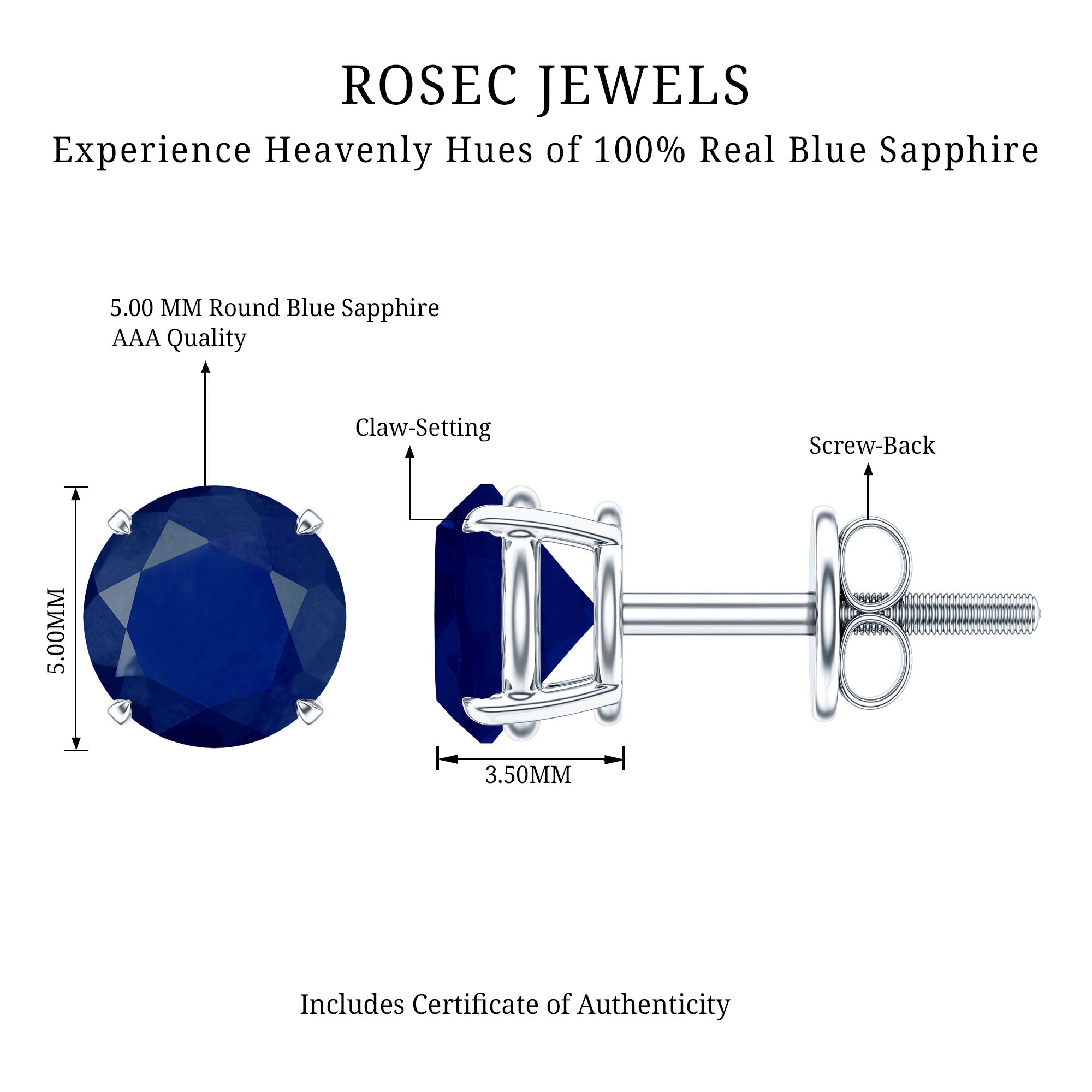 5MM Round Blue Sapphire Solitaire Stud Earrings in Claw Setting AAA - Rosec Jewels