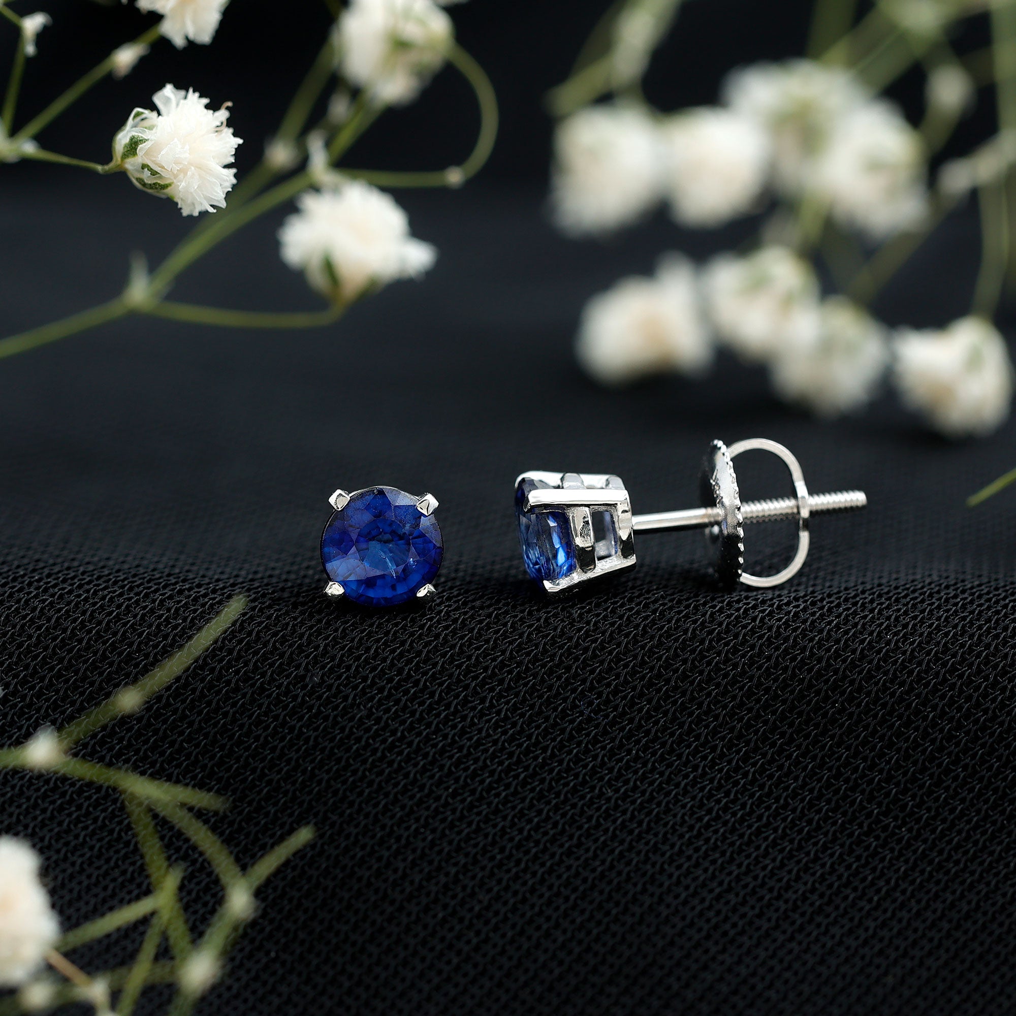 5MM Round Blue Sapphire Solitaire Stud Earrings in Claw Setting AAA - Rosec Jewels