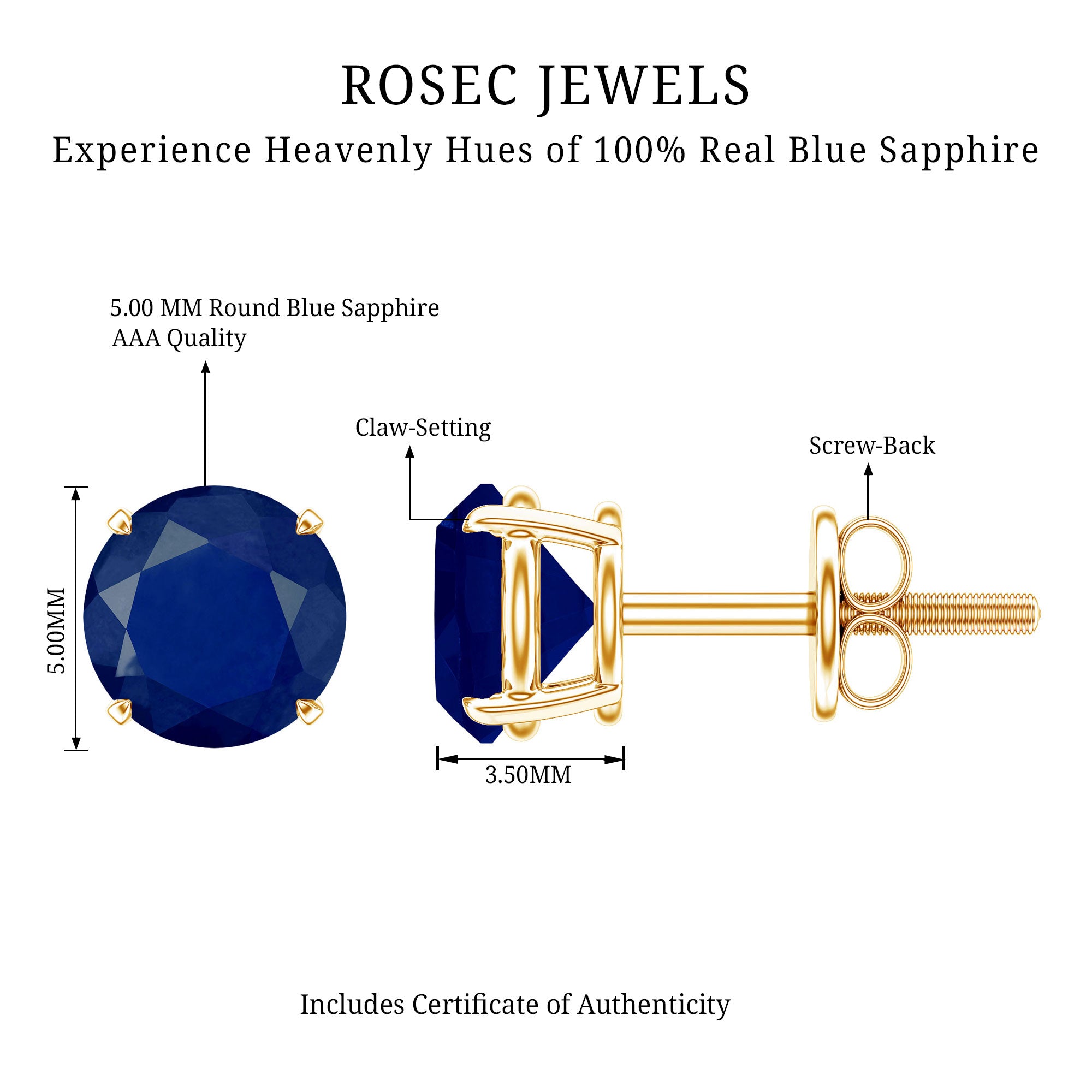 5MM Round Blue Sapphire Solitaire Stud Earrings in Claw Setting AAA - Rosec Jewels