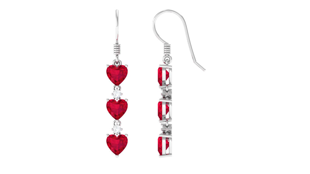 Ruby and Moissanite Heart Dangle Earrings with Fish Hook Ruby - ( AAA ) - Quality - Rosec Jewels