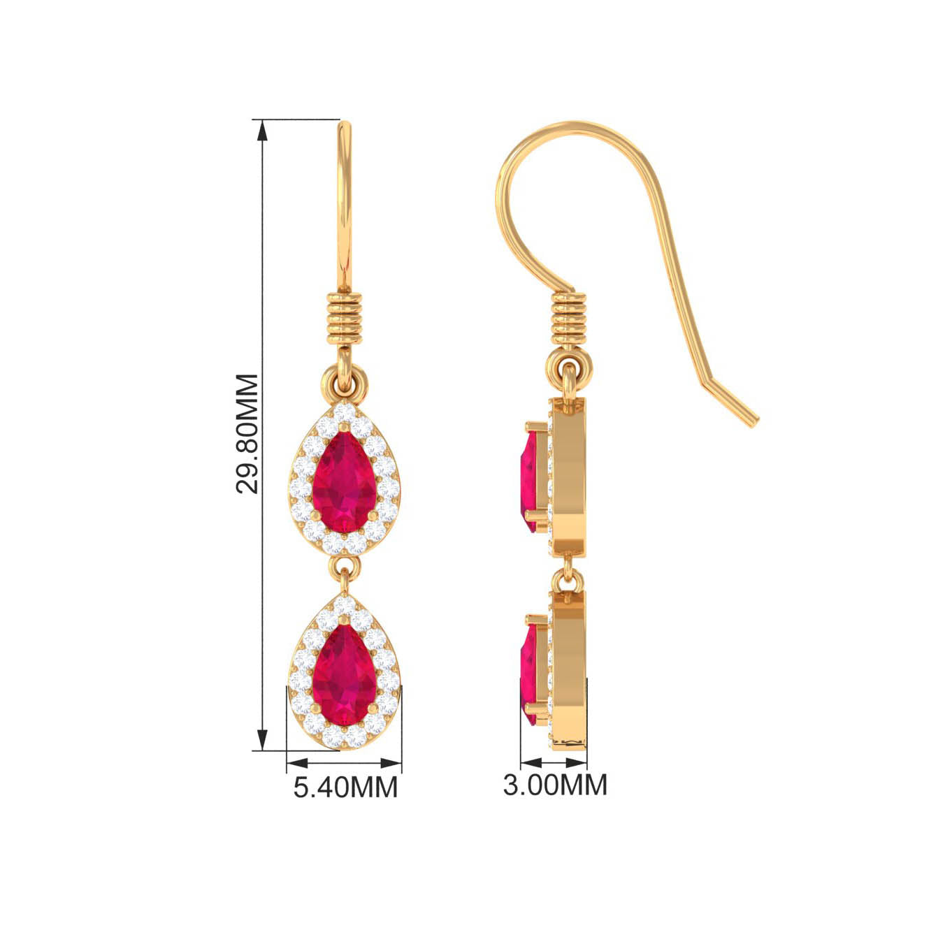 Ruby and Diamond Dangle Earrings with Fish Hook Ruby - ( AAA ) - Quality - Rosec Jewels