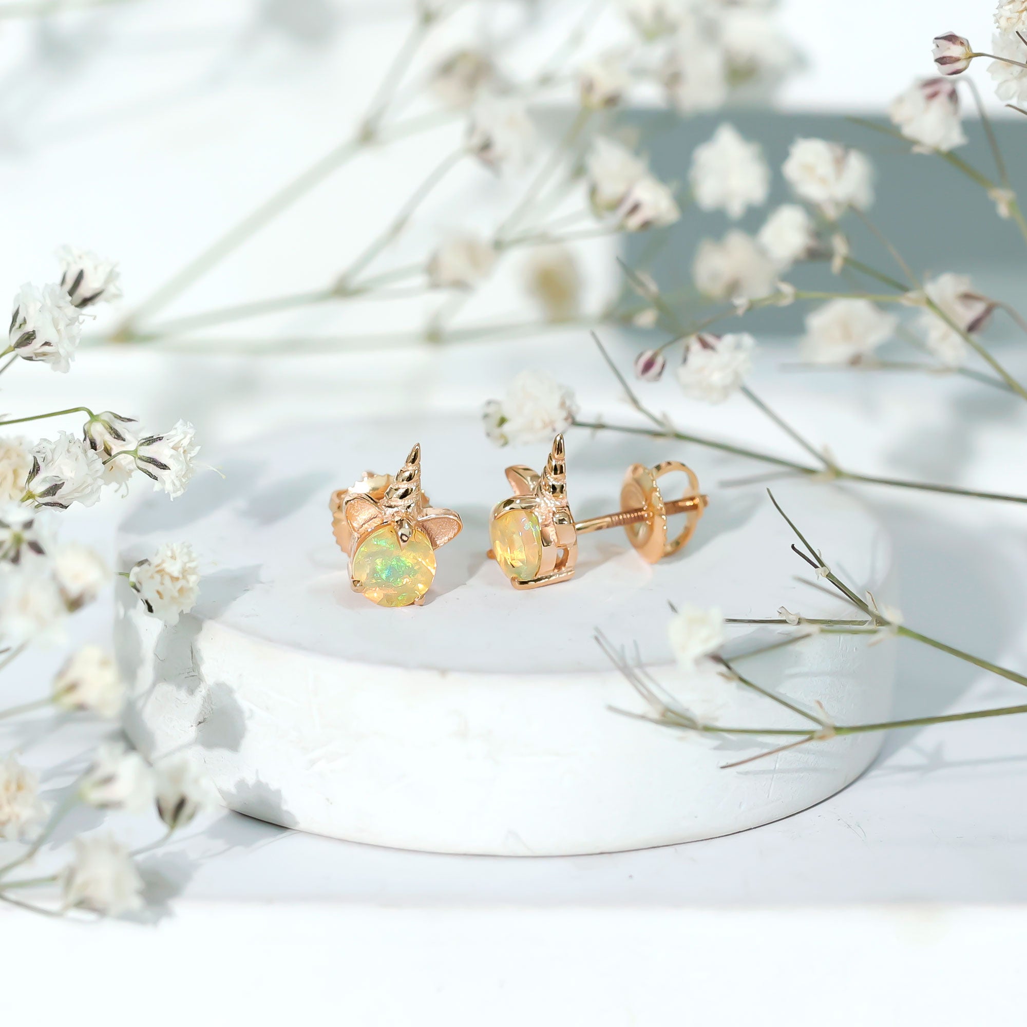 1 Carat Ethiopian Opal Unicorn Stud Earrings for Women AAA - Rosec Jewels
