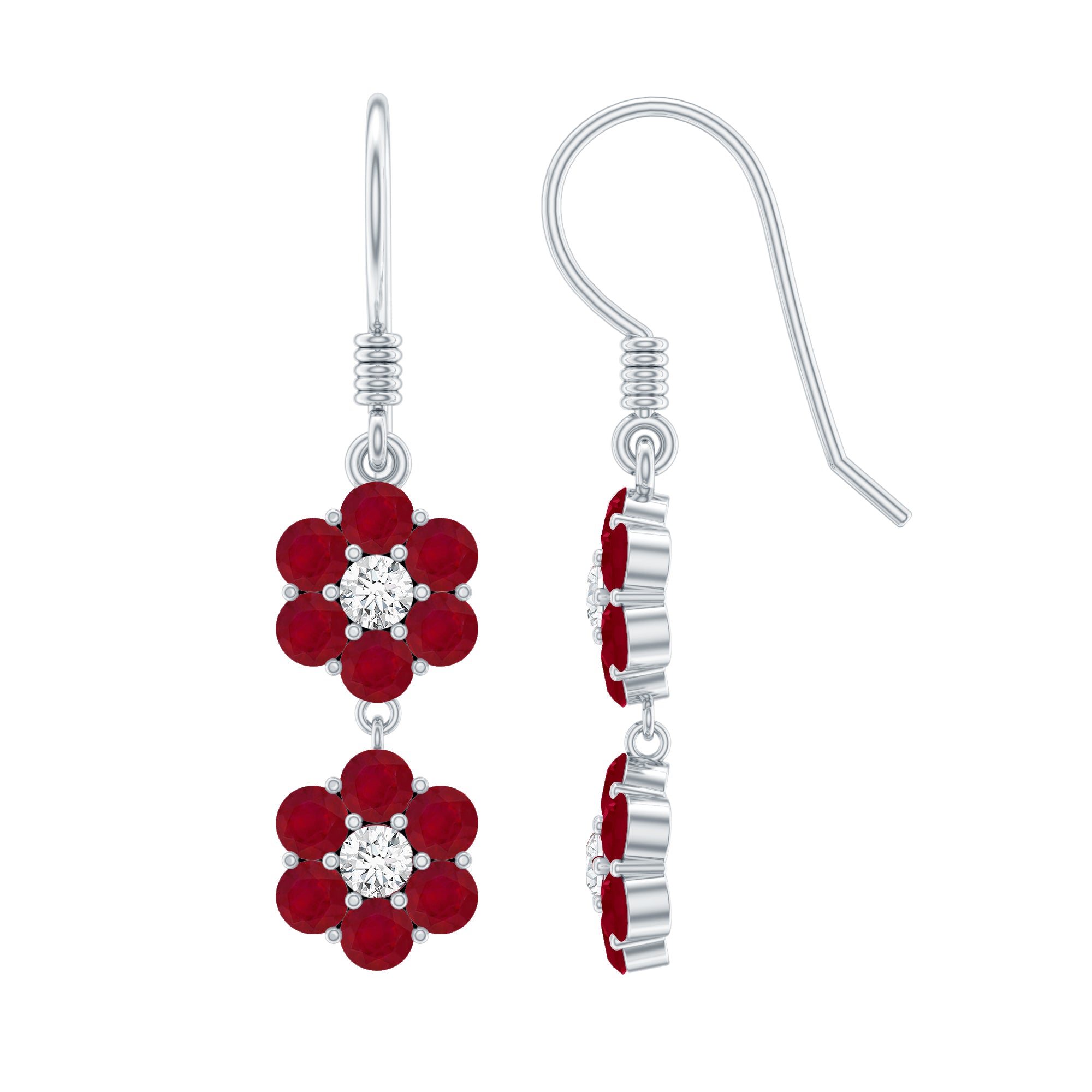Twin Flower Dangle Earrings with Ruby and Moissanite