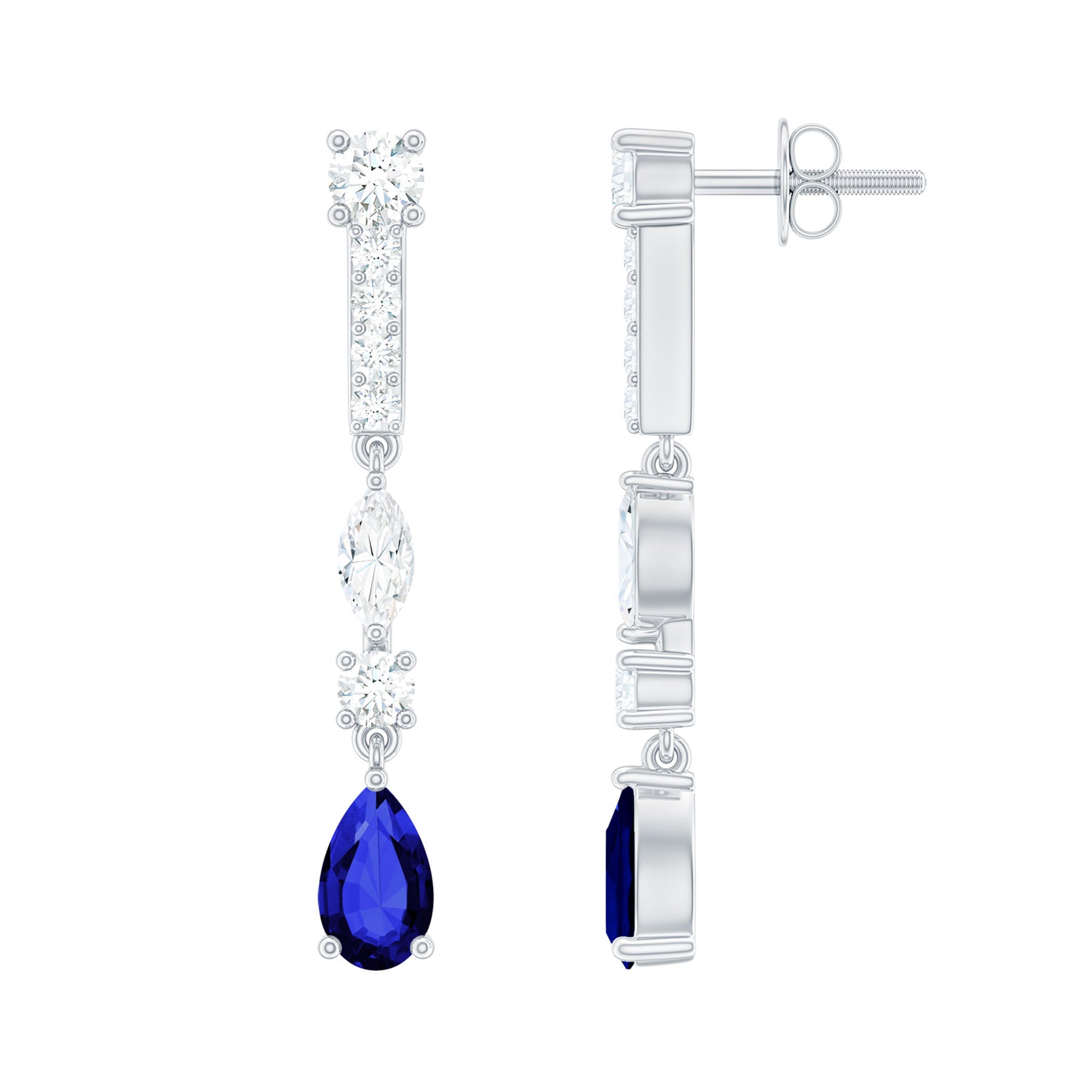 Pear Cut Created Blue Sapphire and Moissanite Long Dangle Earrings
